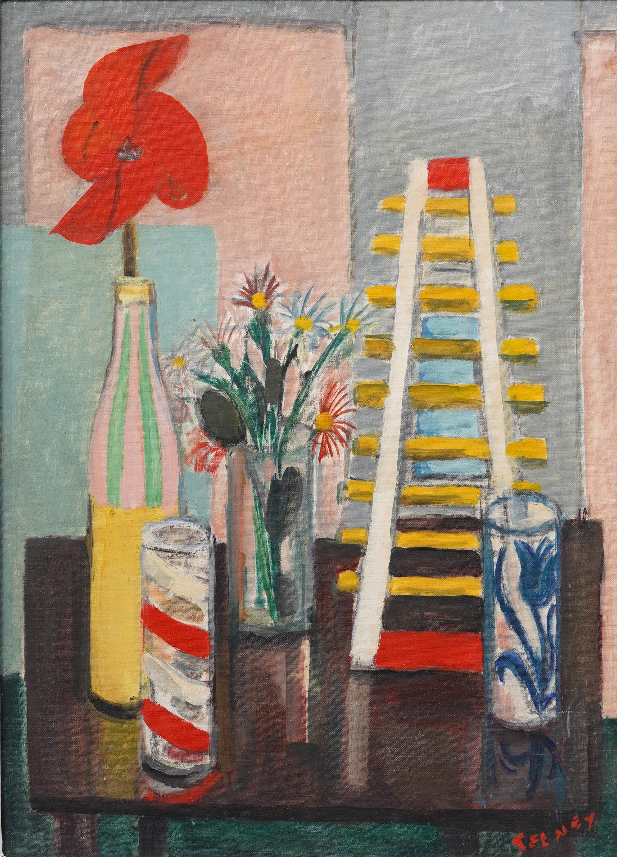 Ancienne peinture à l'huile moderniste américaine signée et encadrée, Nature morte aux fleurs - Moderne Painting par Unknown