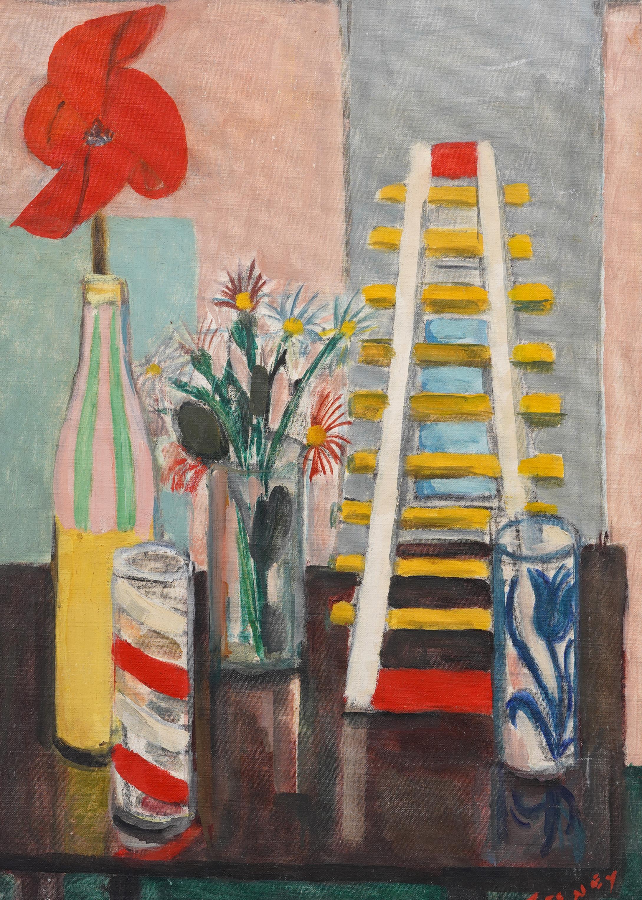 Ancienne peinture à l'huile moderniste américaine signée et encadrée, Nature morte aux fleurs - Beige Abstract Painting par Unknown