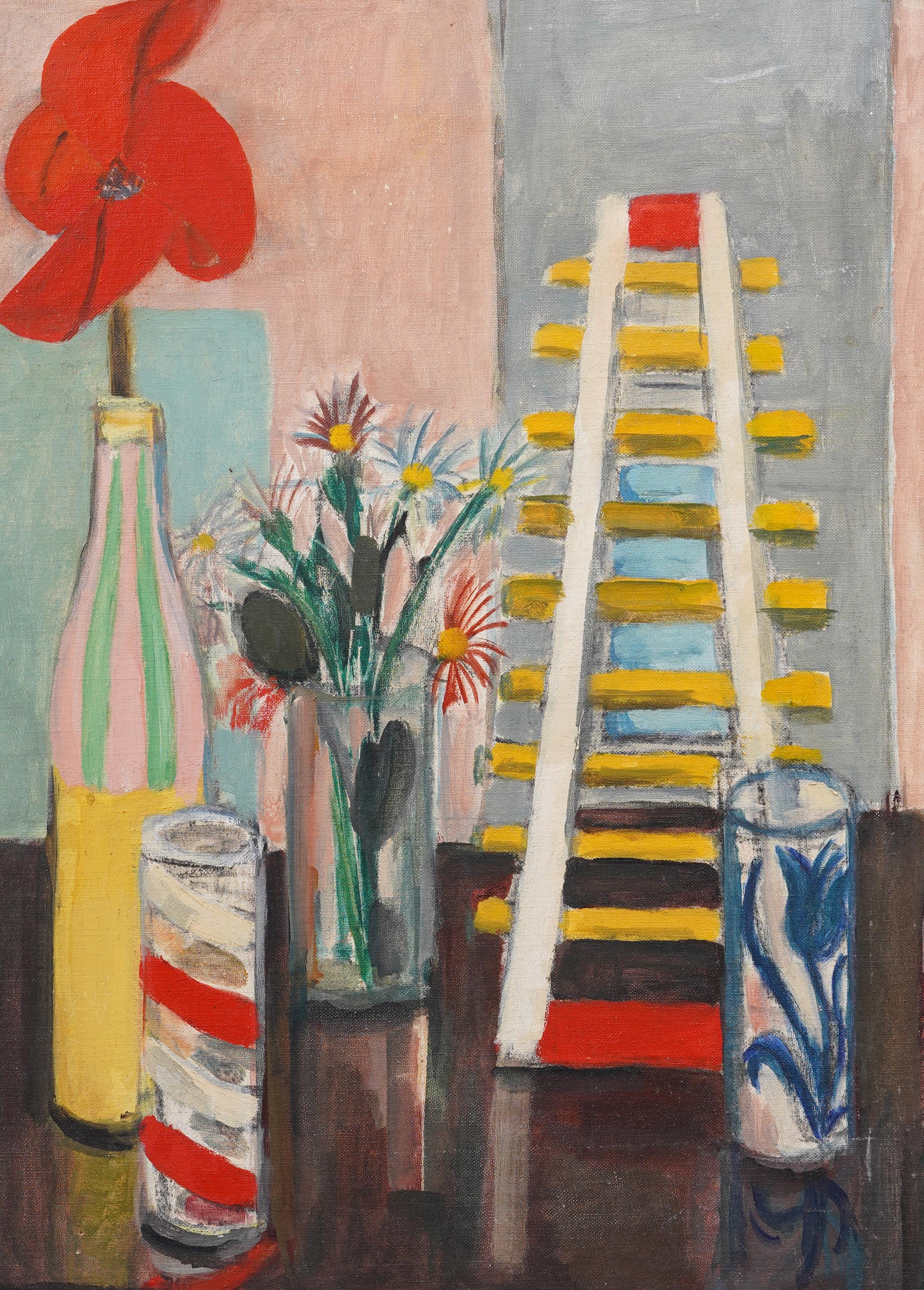 Impressionnante peinture à l'huile de nature morte abstraite moderniste du début de l'Amérique.  Encadré.  Huile sur toile.  Signé.  Taille de l'image, 24H par 18L.