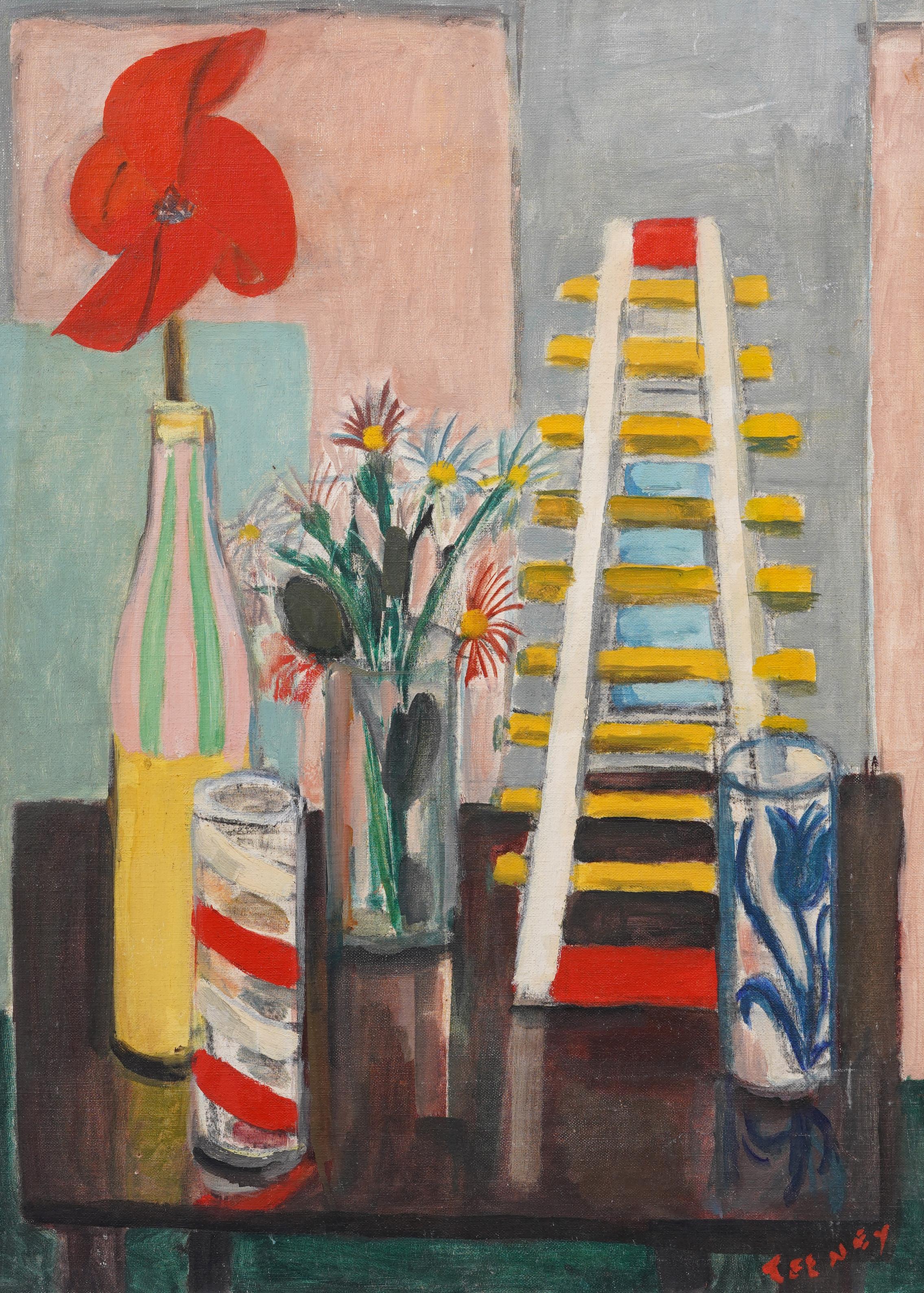 Ancienne peinture à l'huile moderniste américaine signée et encadrée, Nature morte aux fleurs en vente 1