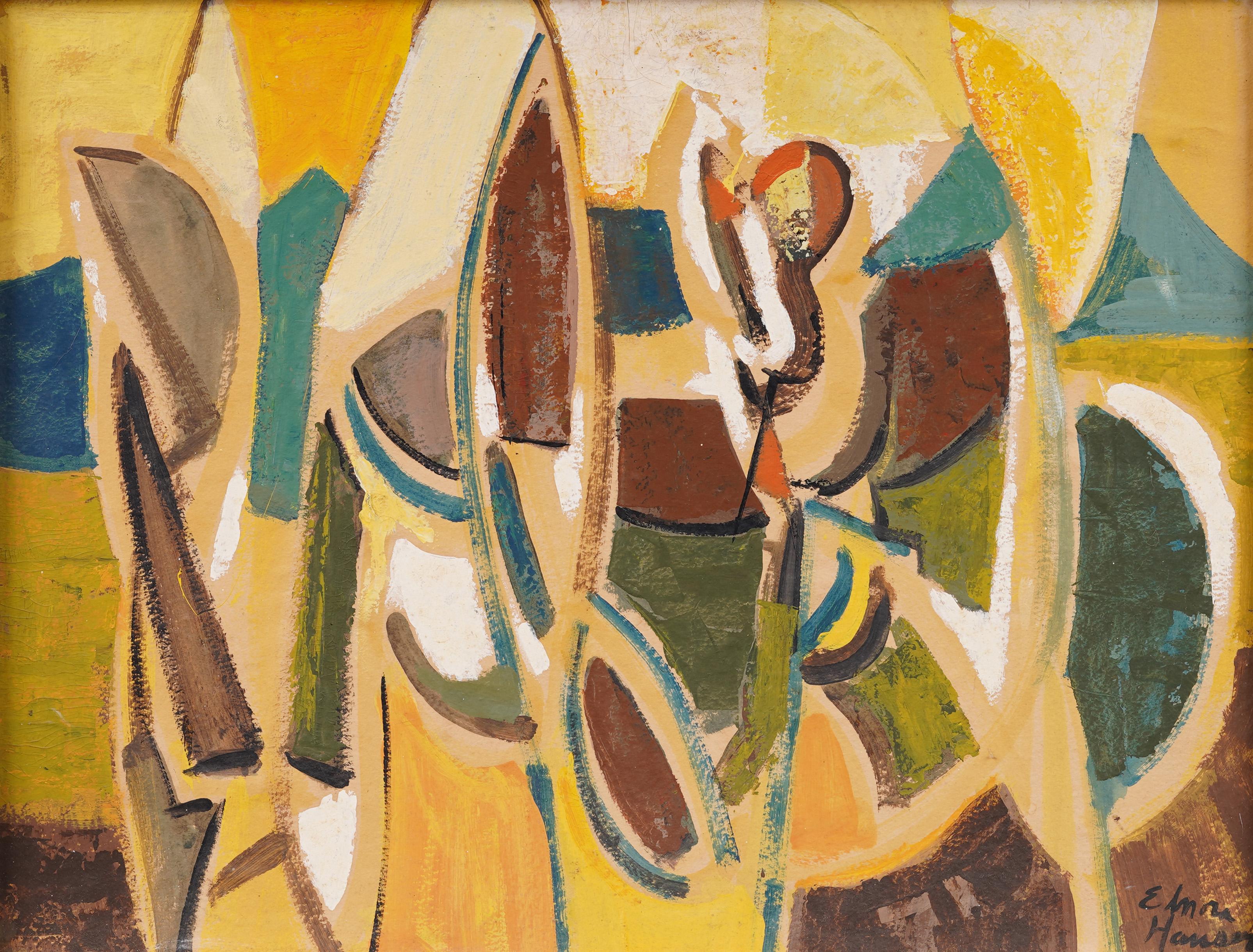 Finely painted American modernist abstract oil painting.  Framed nicely.  Oil on board.  Signed.  Image size, 20H by 26L.