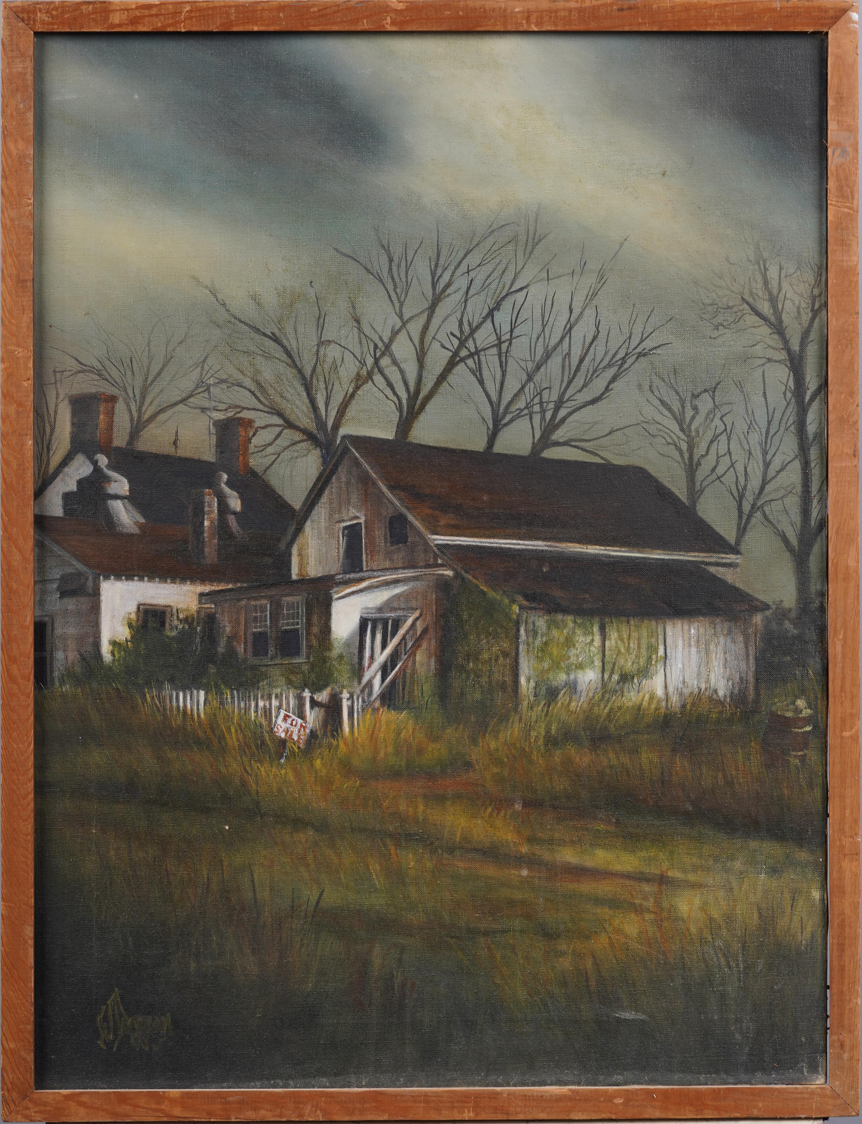 Antique American Modernist Framed Country Barn Landscape Oil Painting - Brown Abstract Painting by Unknown