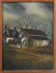 Antique American Modernist Framed Country Barn Landscape Oil Painting