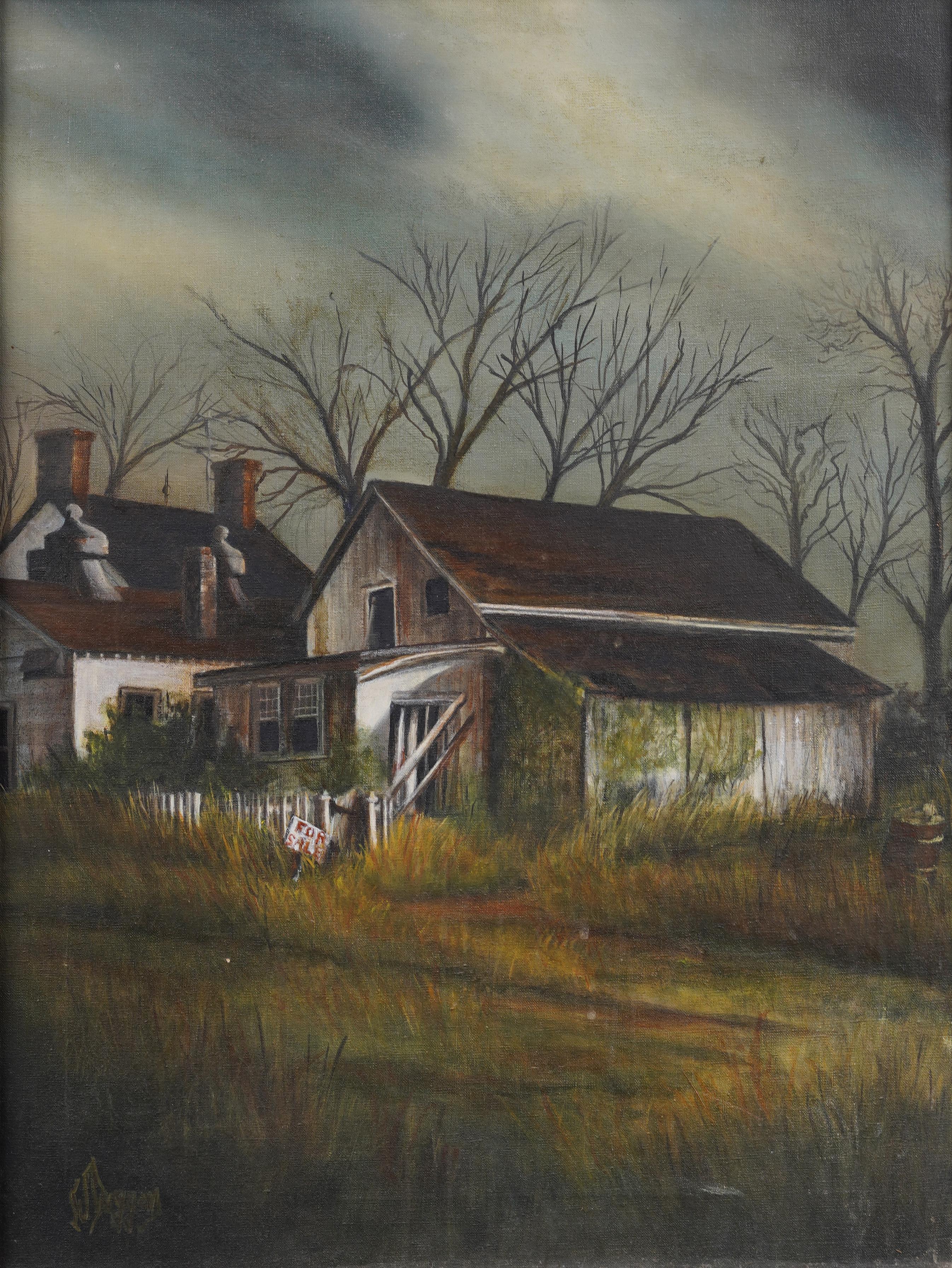 Antique American modernist farm landscape oil painting. Oil on canvas. Signed. Framed. Measuring 19 by 25 overall and 18 by 24 painting alone.  