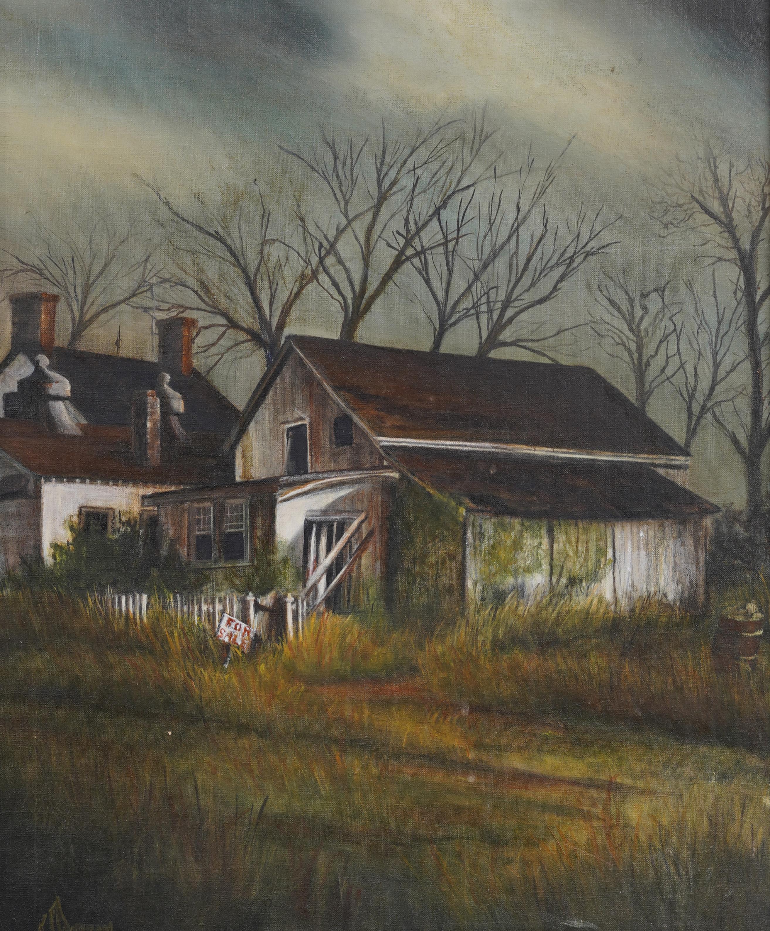 Antique American Modernist Framed Country Barn Landscape Oil Painting For Sale 1