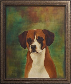 Antique American Modernist Framed Dog Portrait Signed Large Oil Painting