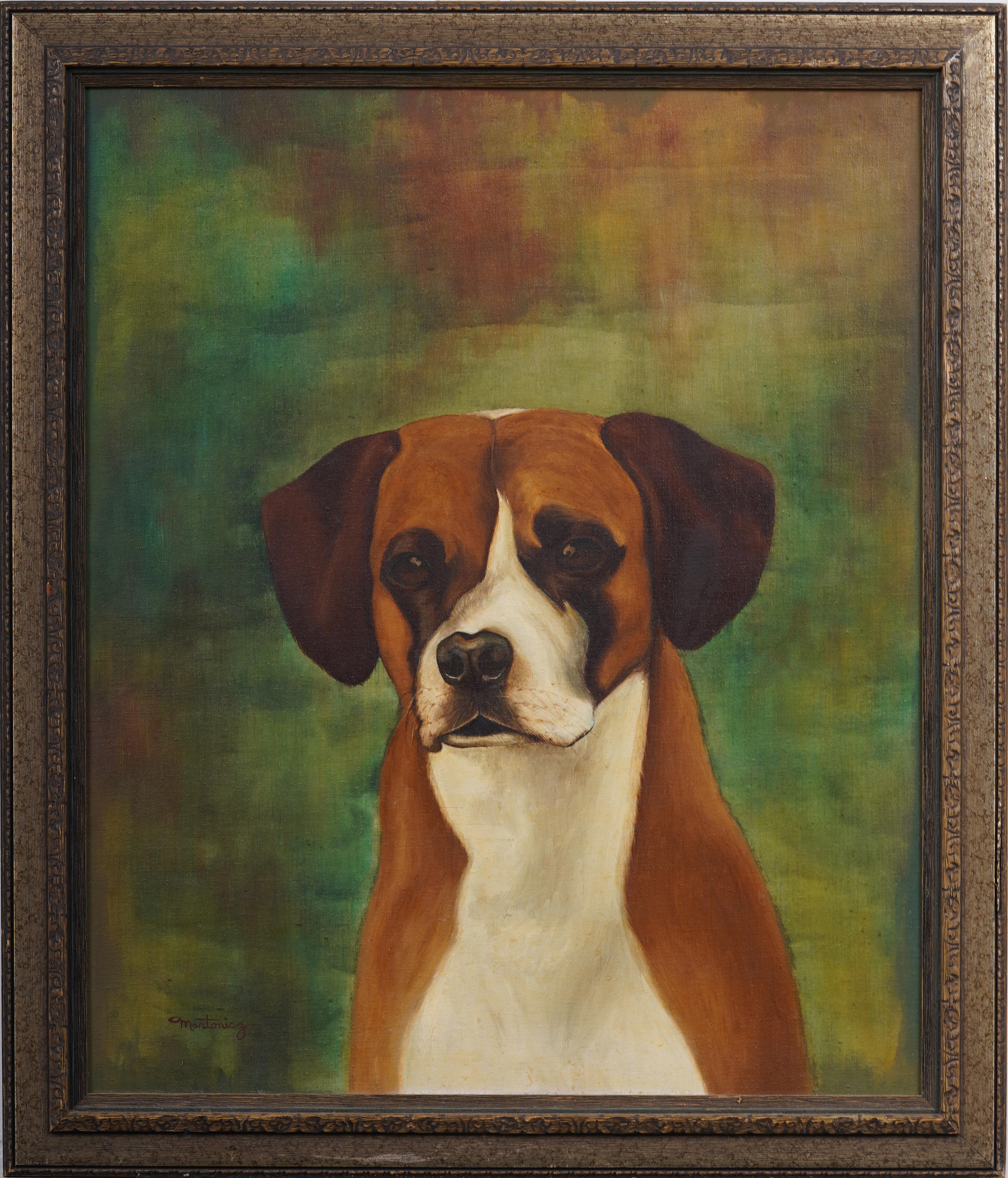 Antiguo retrato de perro modernista americano enmarcado y firmado Pintura al óleo grande