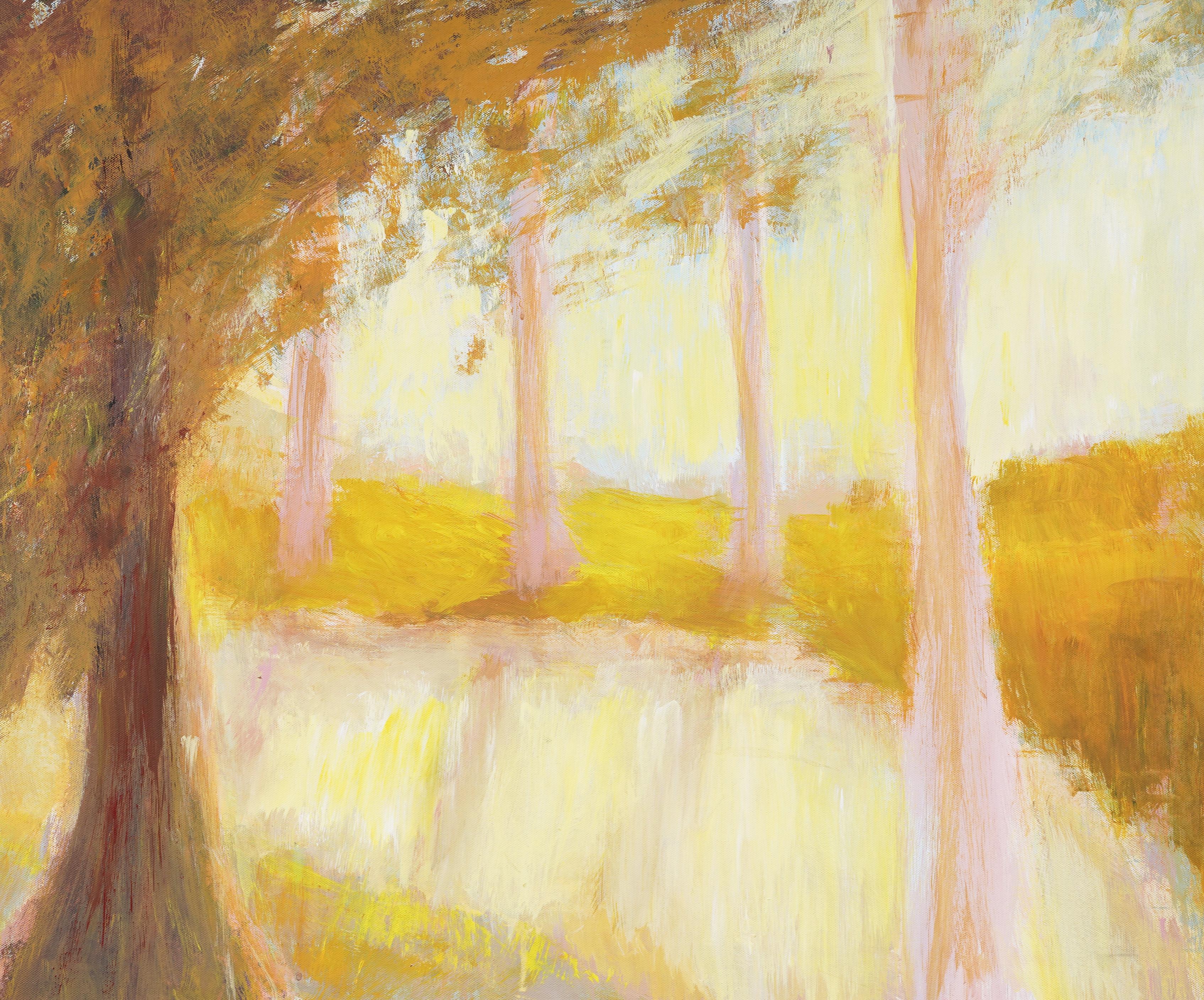 Impressionante dipinto a olio di paesaggio forestale astratto dei primi anni del modernismo americano.  Incorniciato.  Olio su tela.   Dimensioni dell'immagine, 24H per 36L.