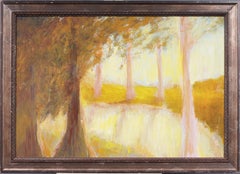 Antiguo cuadro al óleo fauvista de paisaje forestal abstracto modernista americano enmarcado