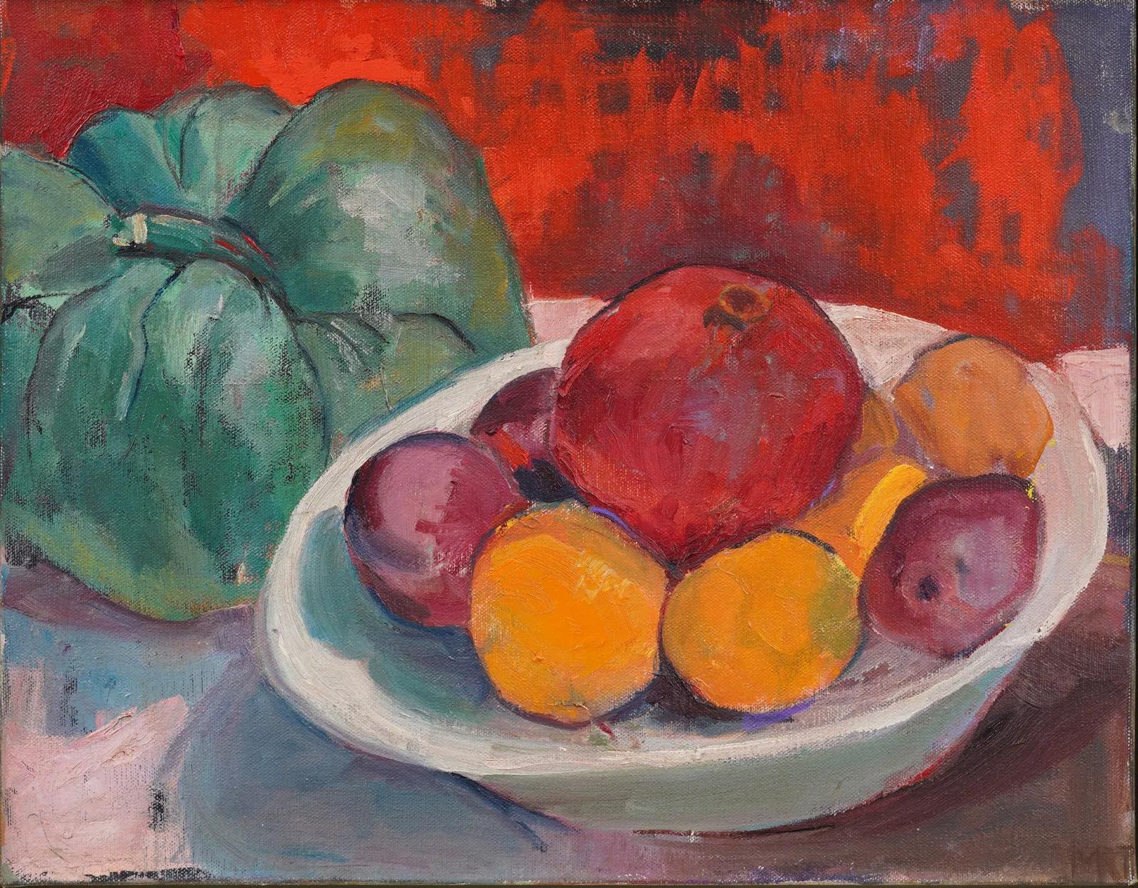 Antiquité Moderniste Américain Encadré Fauviste Nature Morte Cuisine Fruits Peinture à l'huile - Abstrait Painting par Unknown