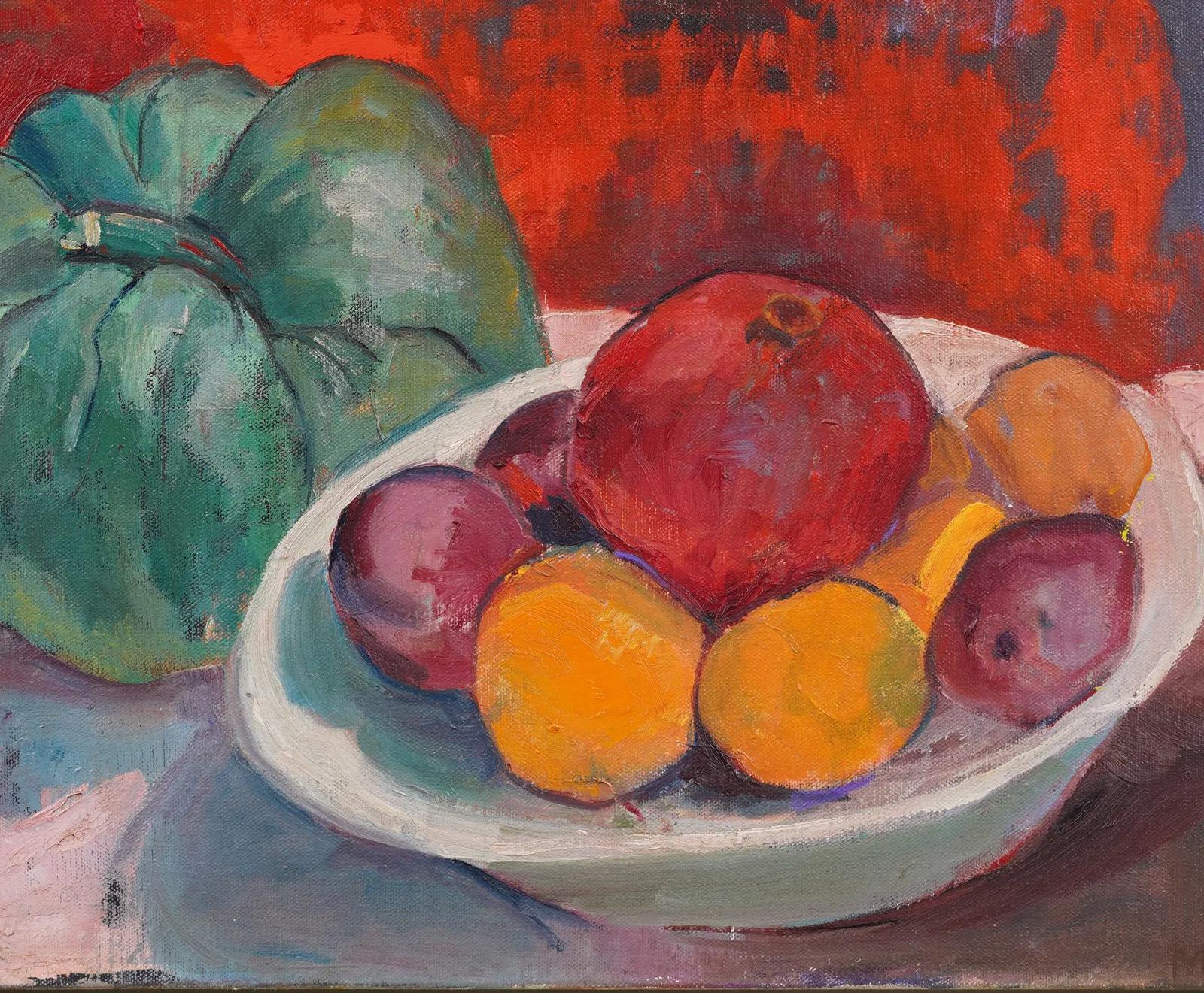 Antiquité Moderniste Américain Encadré Fauviste Nature Morte Cuisine Fruits Peinture à l'huile - Marron Abstract Painting par Unknown