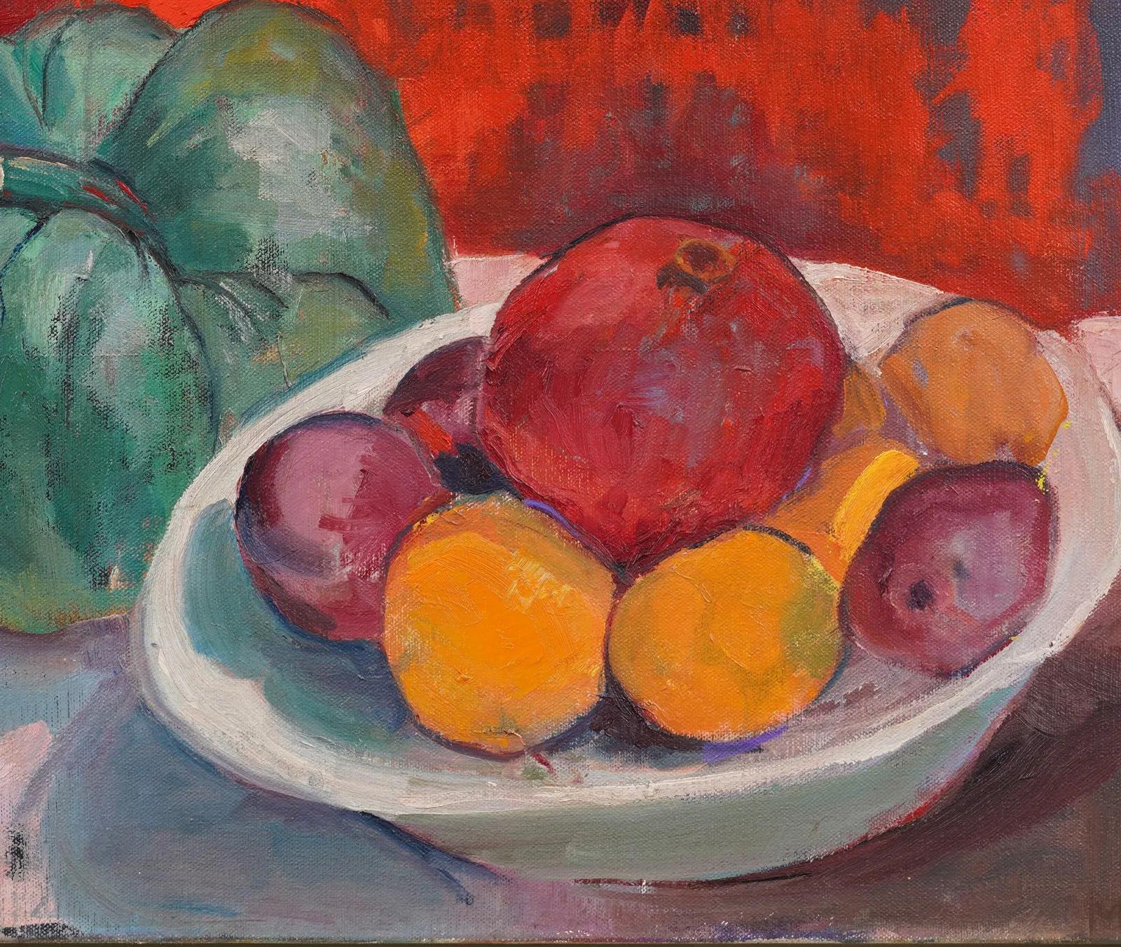 Nature morte abstraite moderniste américaine joliment peinte.  Encadré.  Huile sur toile.   Taille de l'image : 14H par 18L.