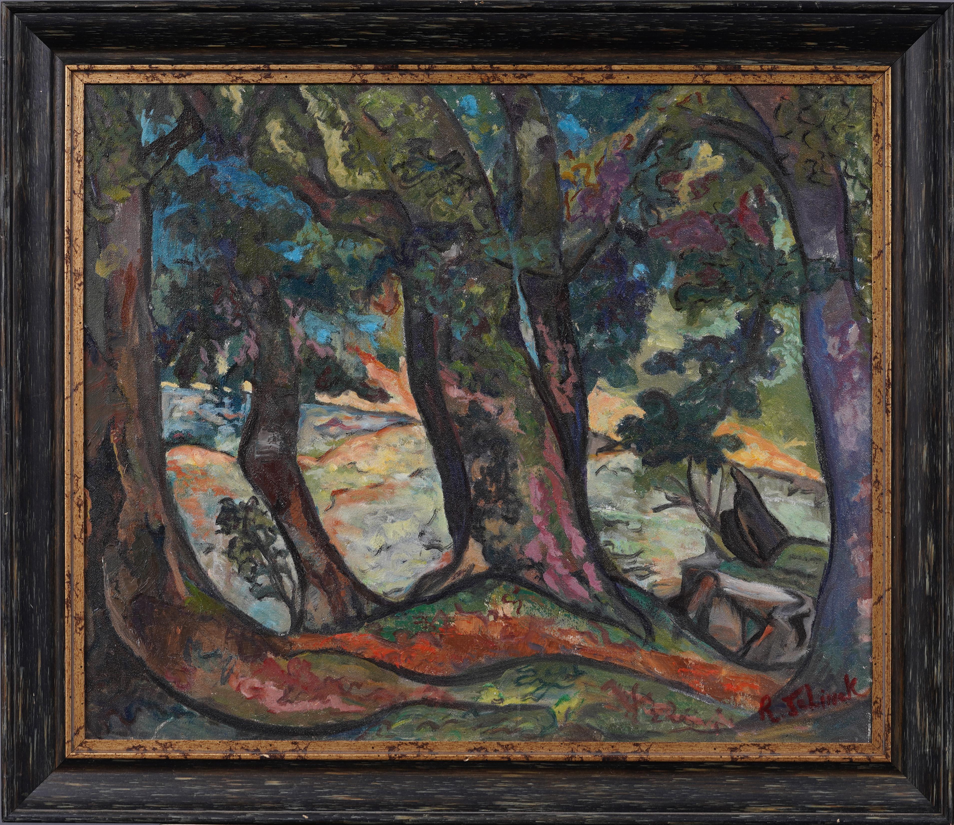 Antico quadro a olio americano modernista con cornice, paesaggio fauvista firmato e originale - Painting di Unknown