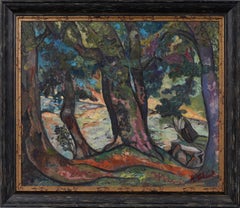 Antico quadro a olio americano modernista con cornice, paesaggio fauvista firmato e originale