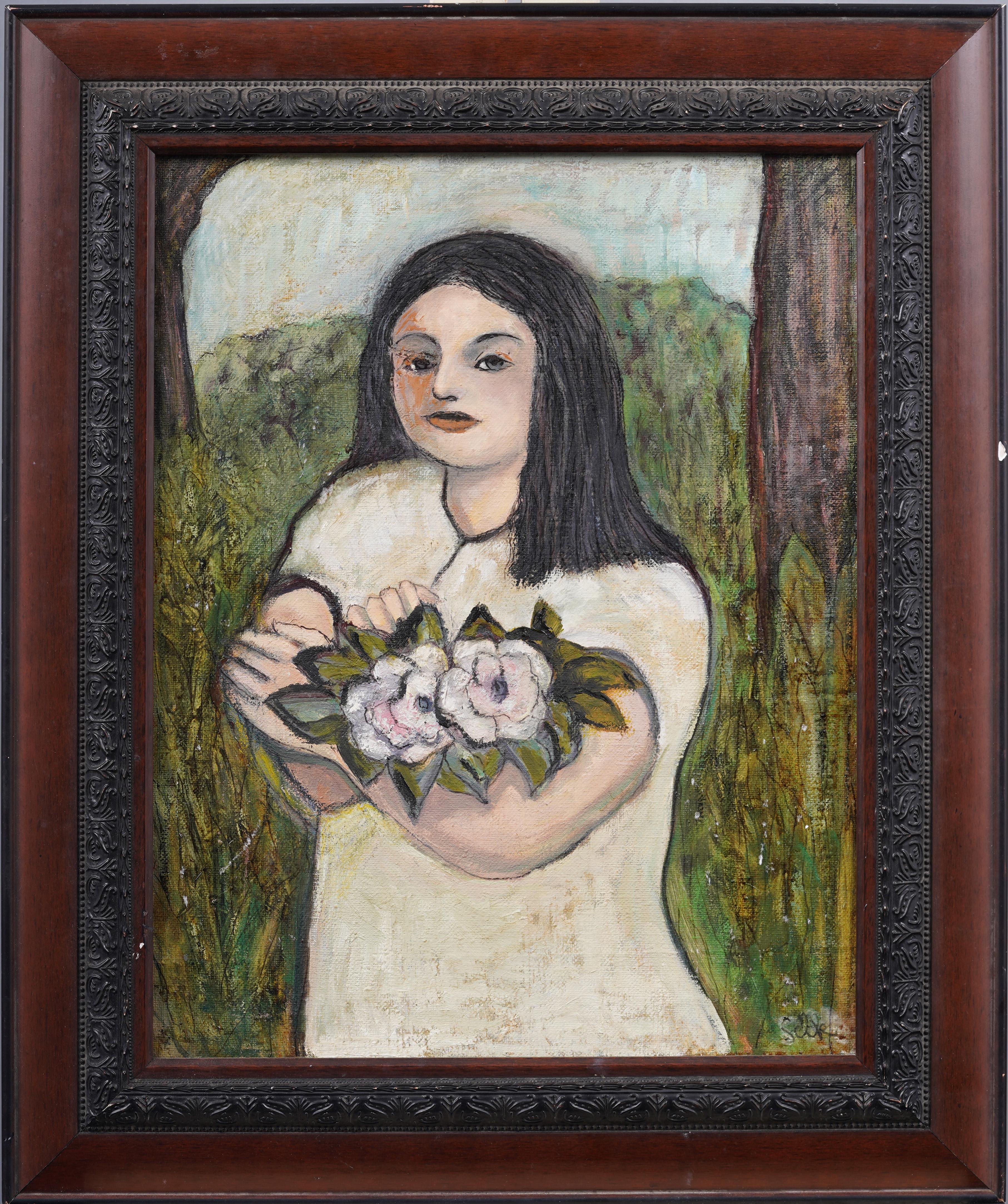 Antique American Modernist Framed Flower Girl Portrait Signed Oil Painting - Black Portrait Painting by Unknown