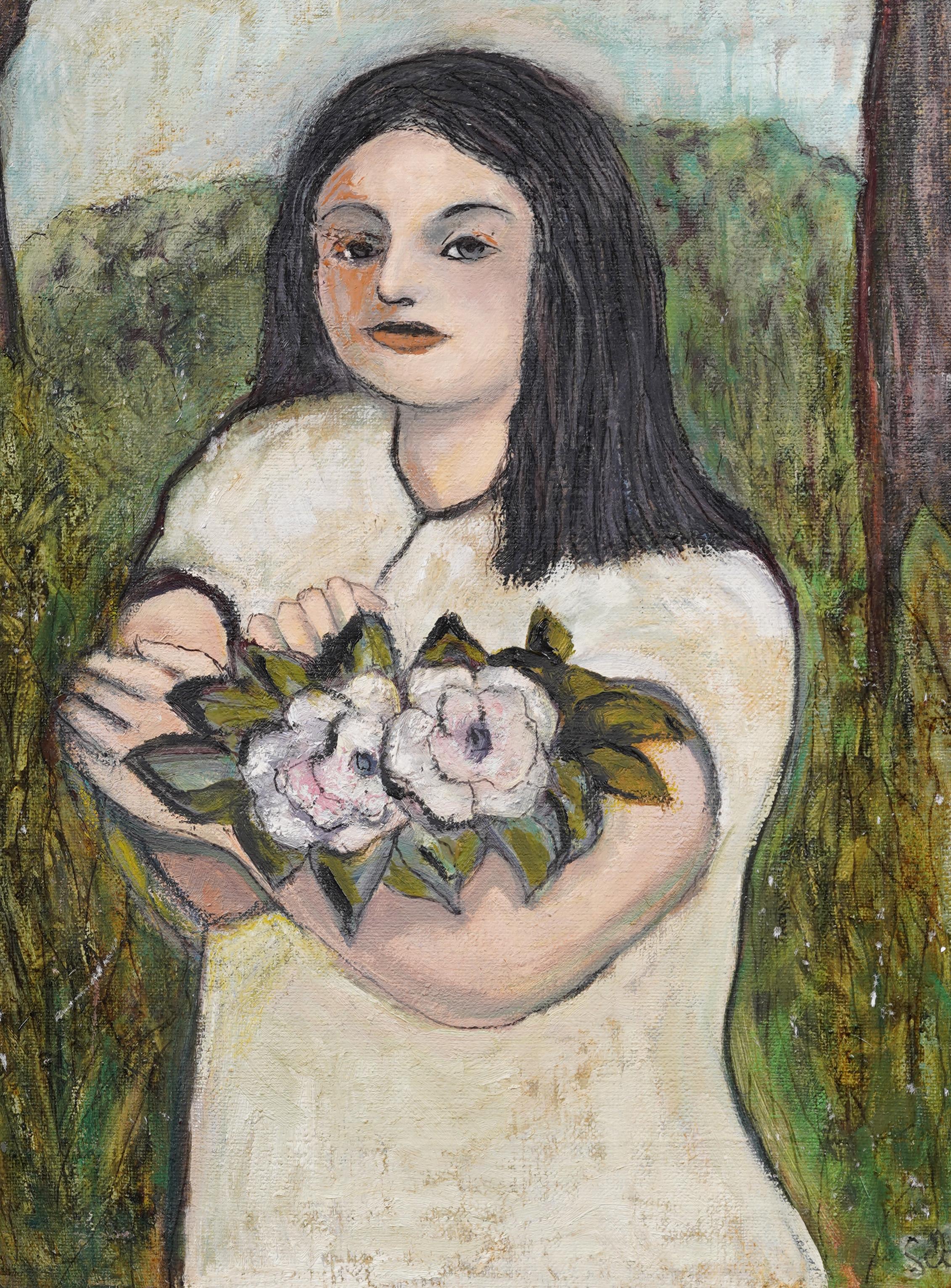Antique American Modernist Framed Flower Girl Portrait Signed Oil Painting For Sale 2