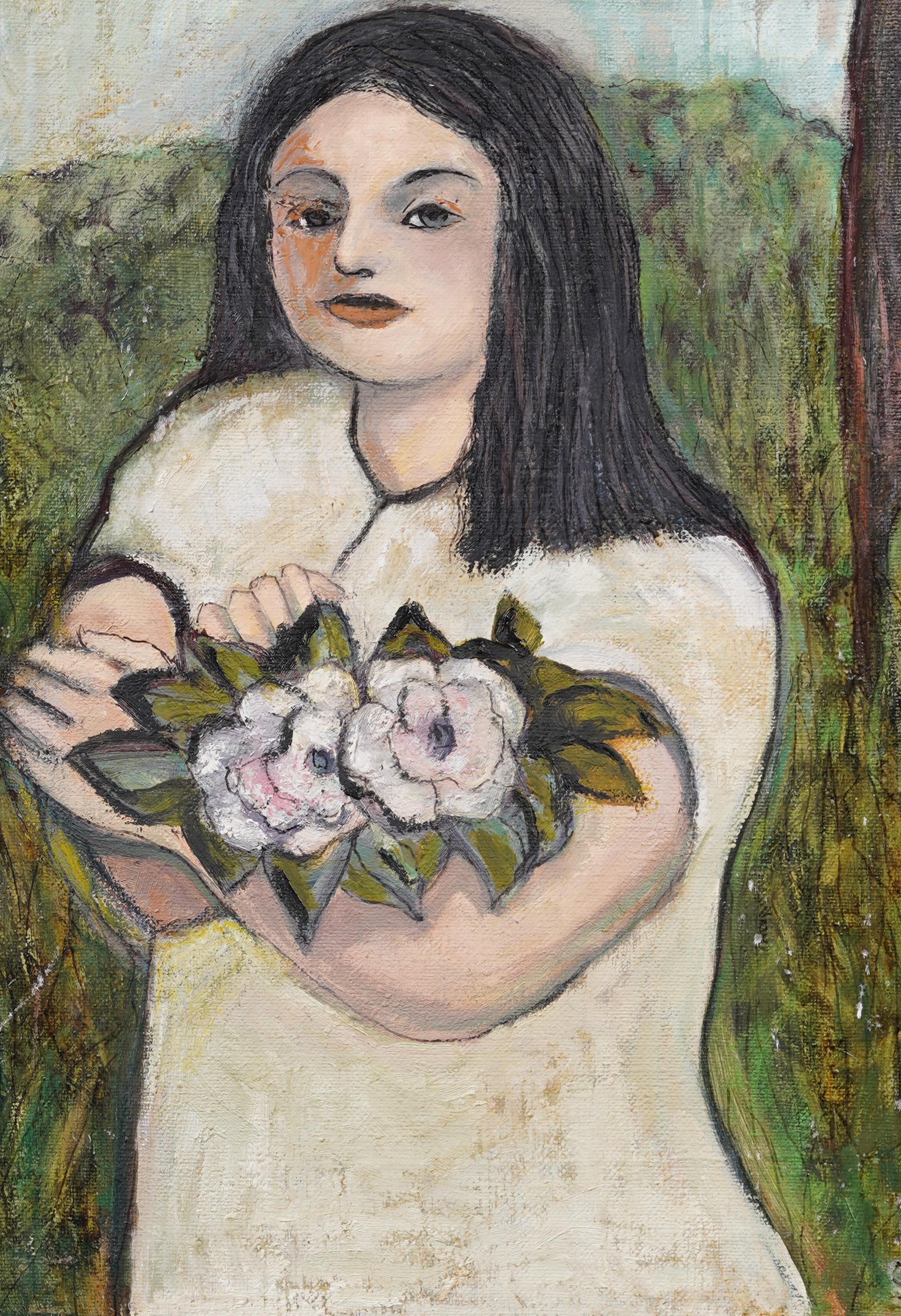 Antique American Modernist Framed Flower Girl Portrait Signed Oil Painting For Sale 3