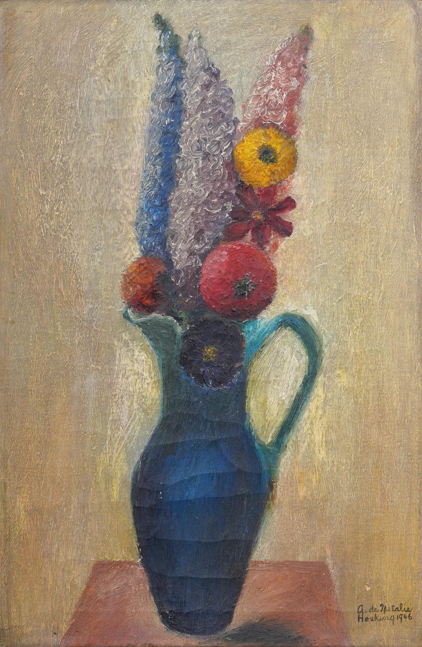 Antiguo cuadro al óleo modernista americano enmarcado interior de bodegón de flores firmado - Painting Moderno de Unknown