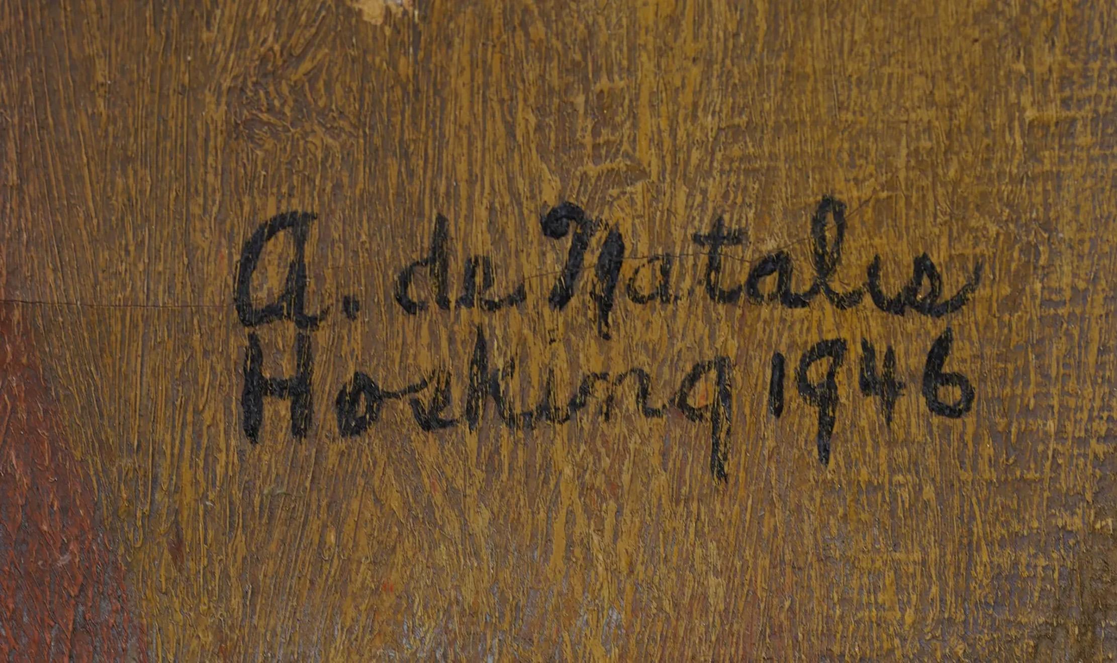 Antiguo cuadro al óleo modernista americano enmarcado interior de bodegón de flores firmado - Abstract Painting Marrón de Unknown