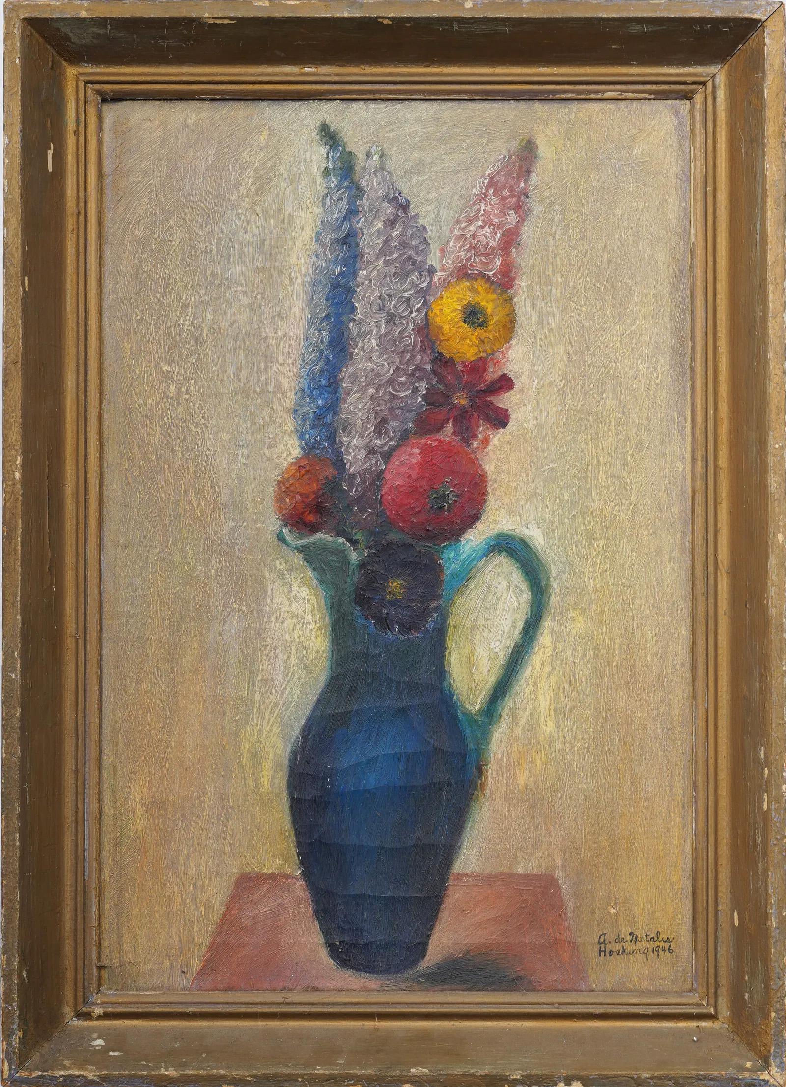Abstract Painting de Unknown - Antiguo cuadro al óleo modernista americano enmarcado interior de bodegón de flores firmado