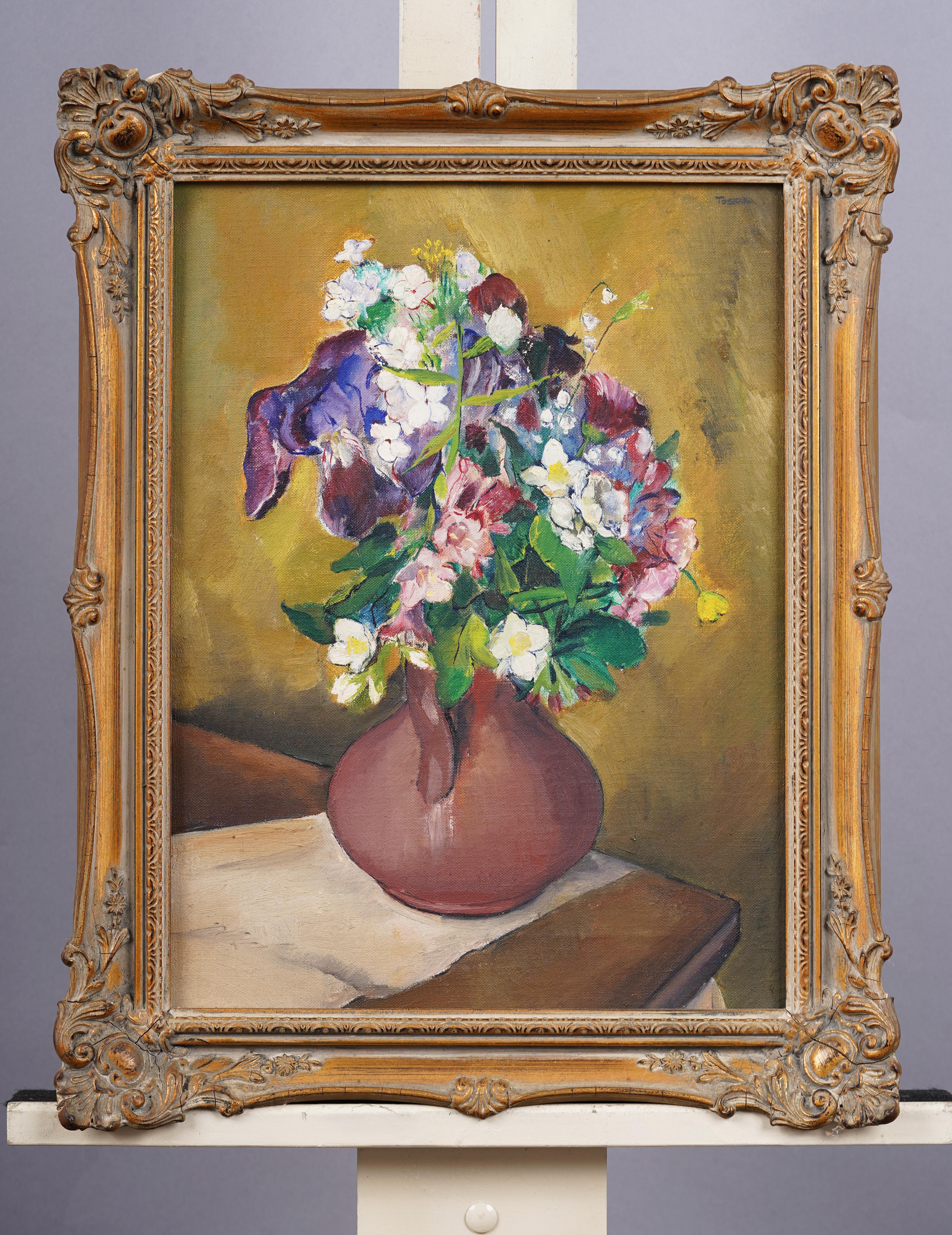 Antico dipinto a olio di natura morta floreale americano modernista con cornice - Painting di Unknown