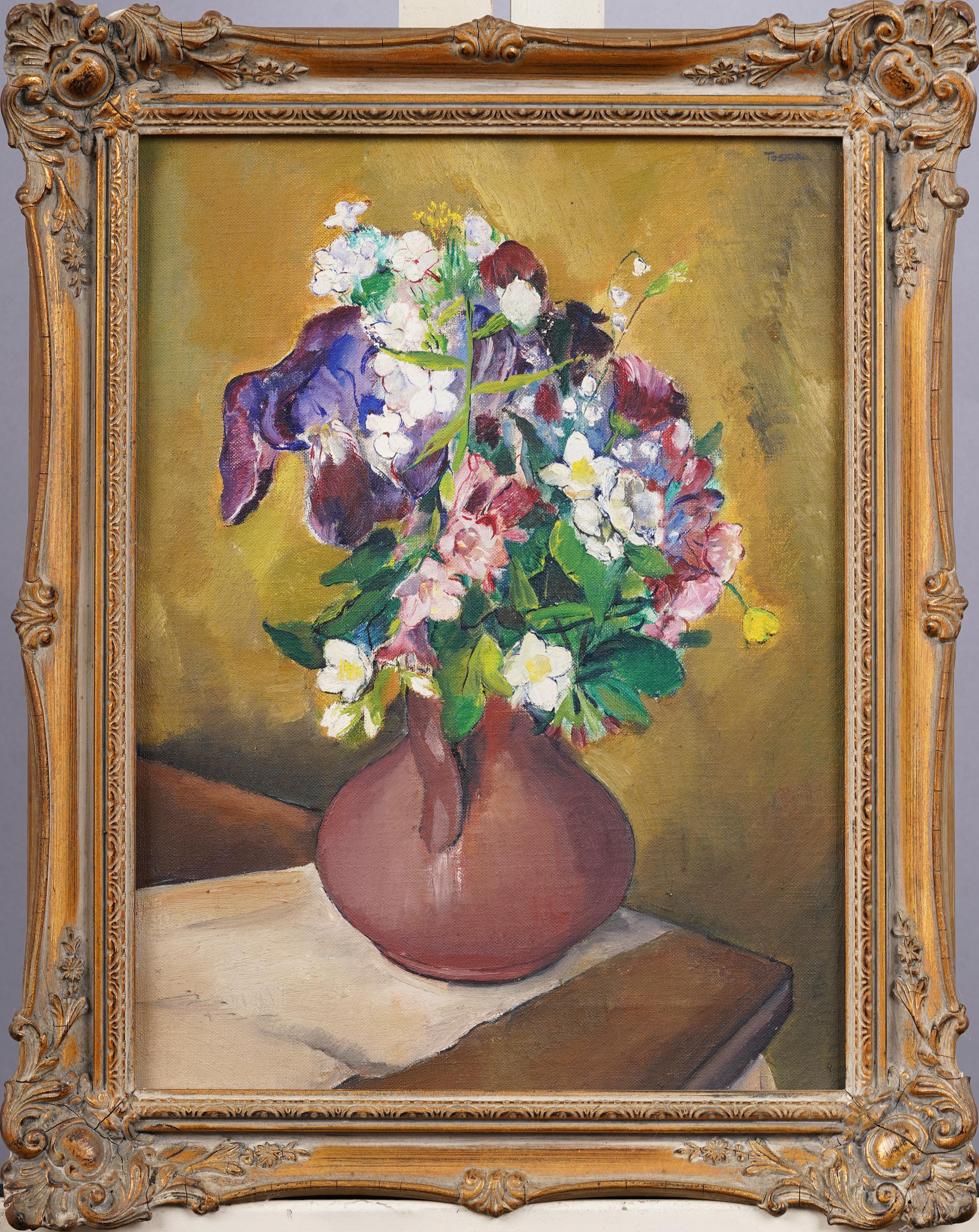 Antico dipinto a olio di natura morta floreale americano modernista con cornice - Painting Moderno di Unknown