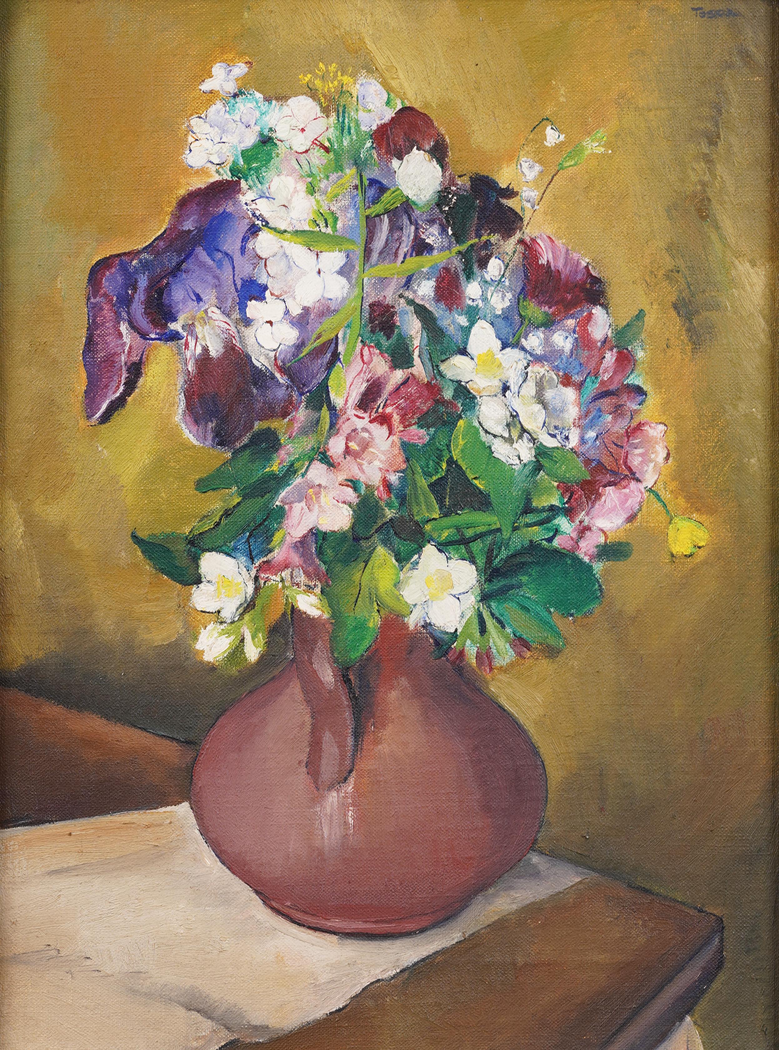 Antico dipinto a olio di natura morta floreale americano modernista con cornice - Still-Life Painting Marrone di Unknown