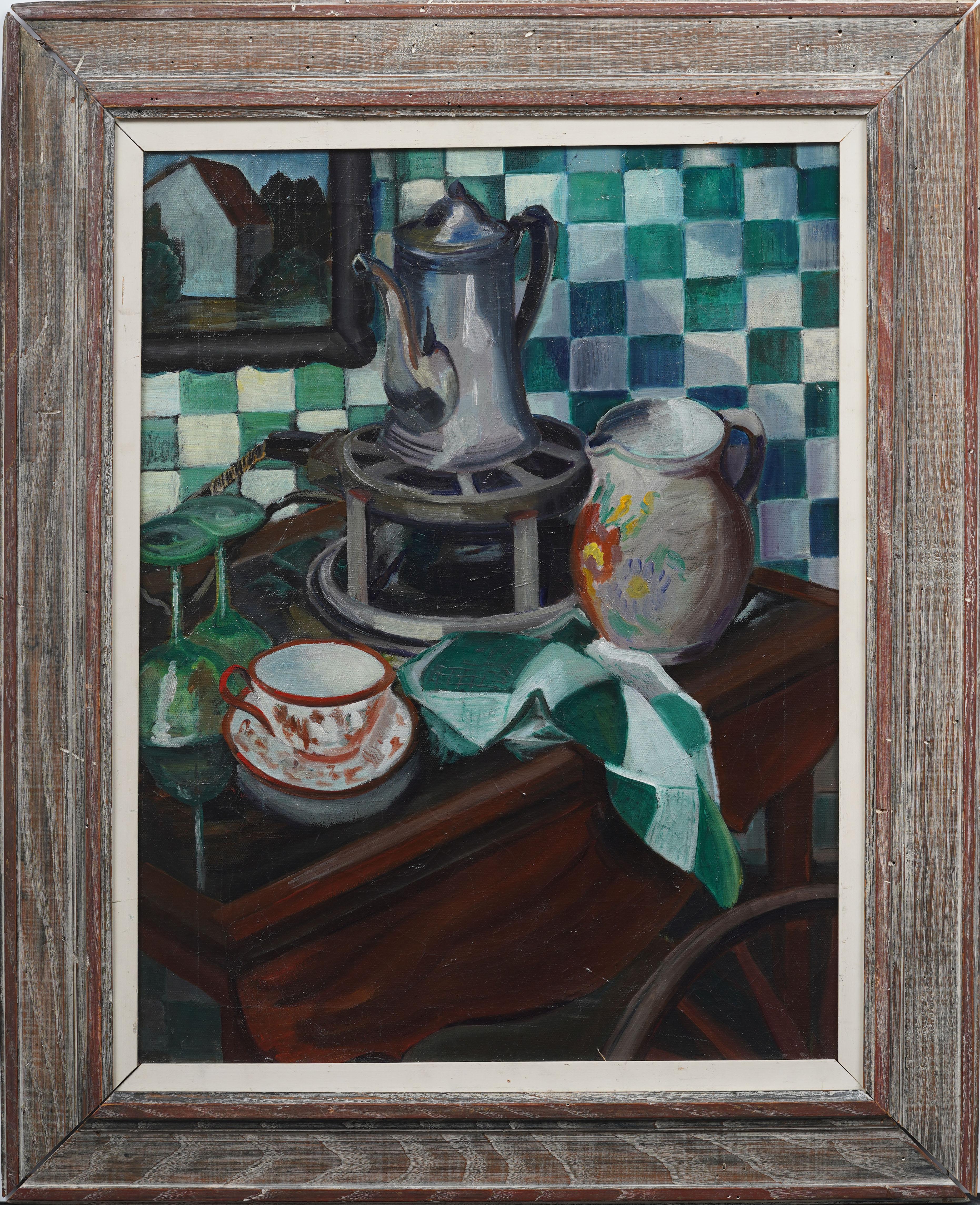 Unknown Interior Painting - Antique American Modernist Framed Interior Scene Still Life Coffee Oil Painting