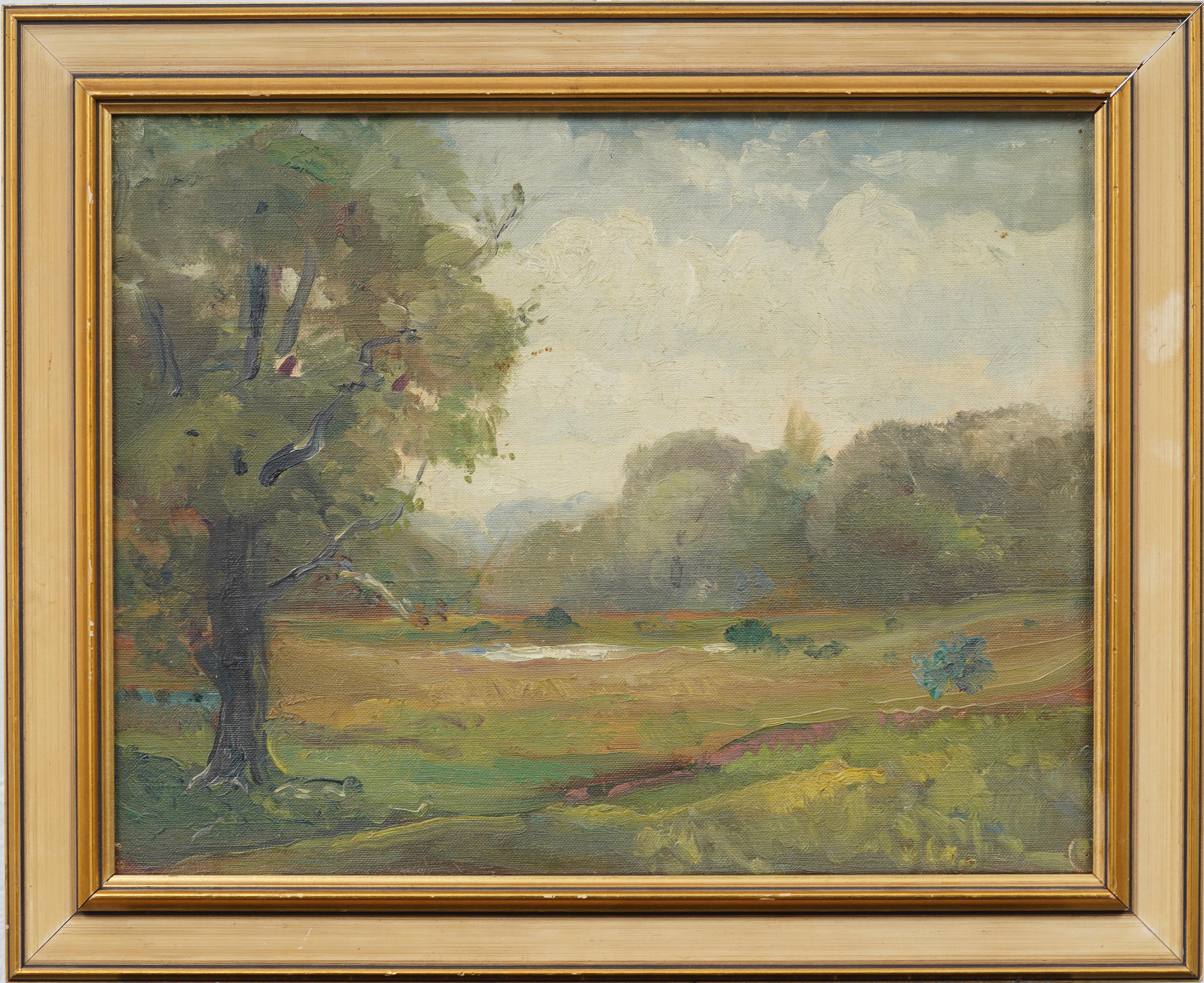 Antique American Modernist Framed Landscape Signed 1924 Oil Painting - Brown Abstract Painting by Unknown