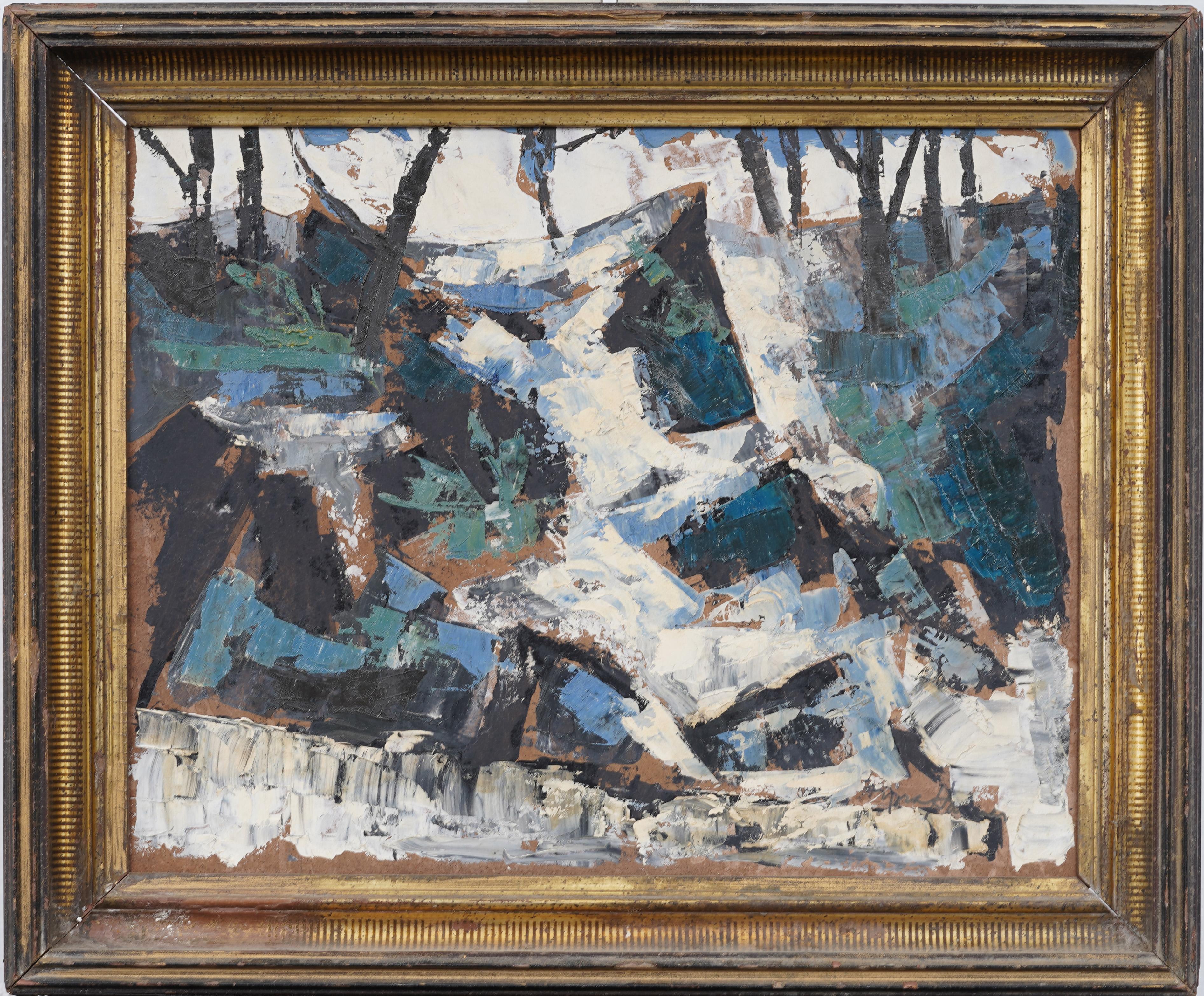 Antico dipinto ad olio astratto americano modernista con cornice e firma sul paesaggio - Painting di Unknown