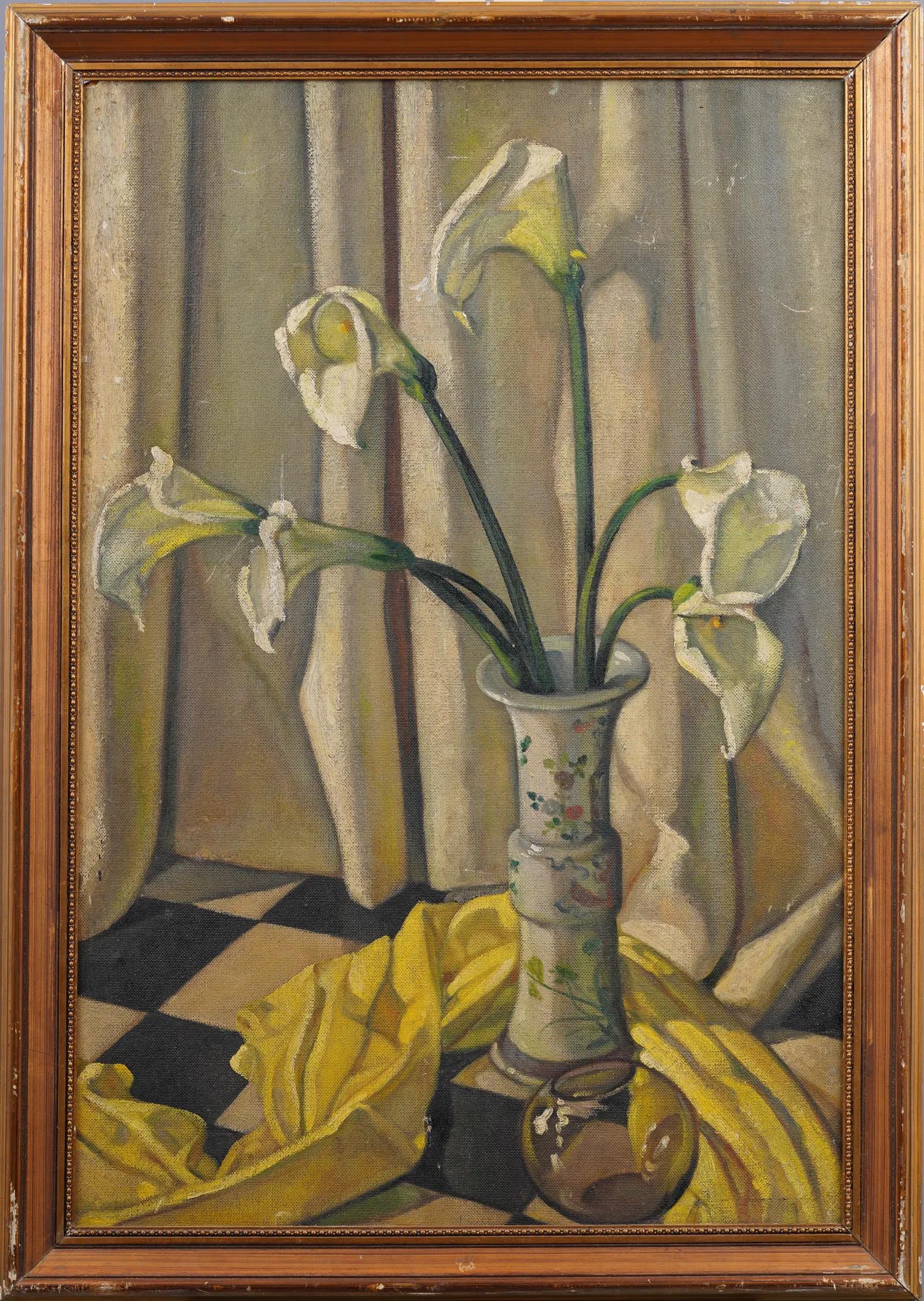 Antiguo cuadro modernista americano enmarcado Gran bodegón de flores de lirio cala - Painting de Unknown