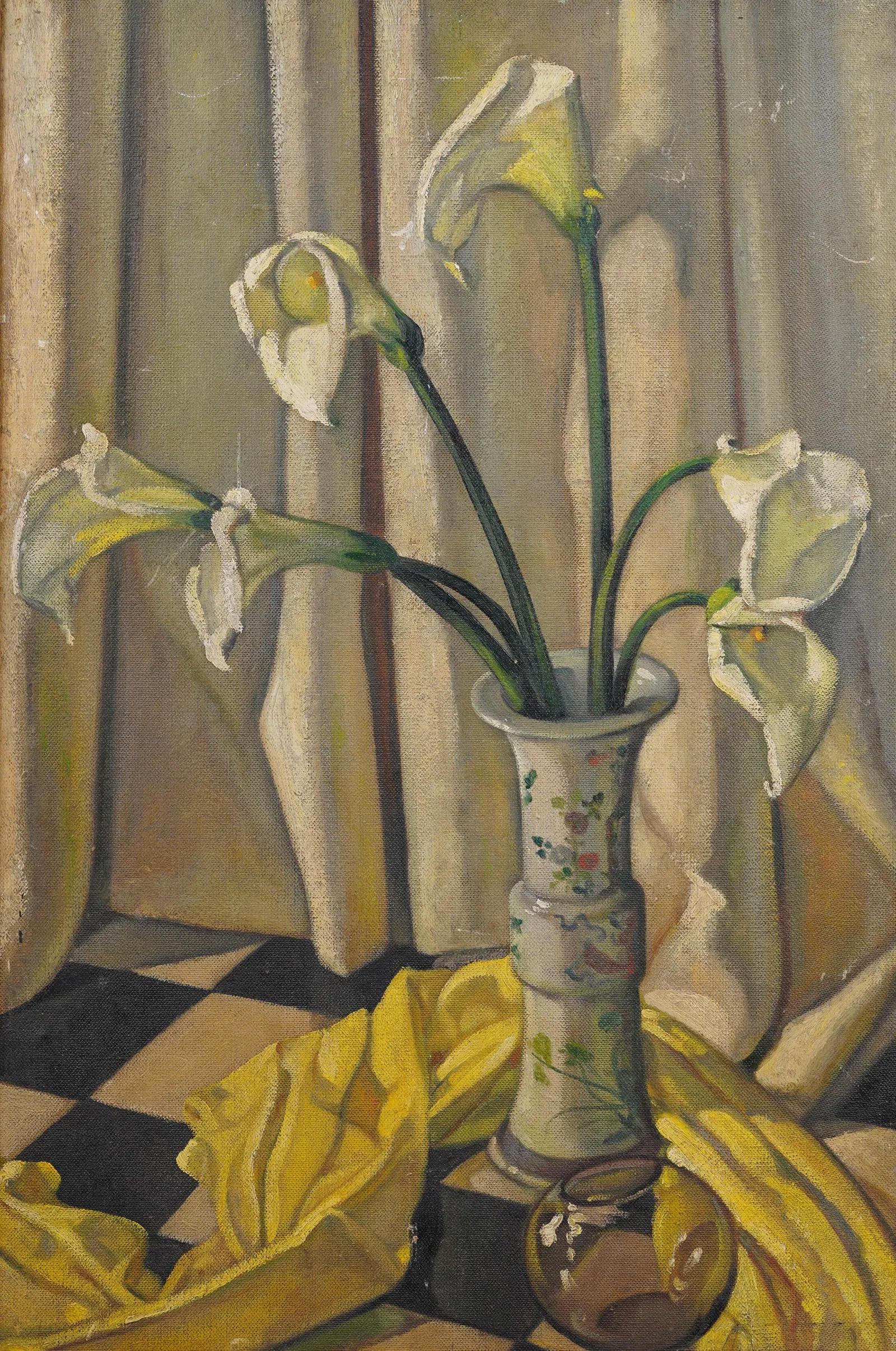 Antiguo cuadro modernista americano enmarcado Gran bodegón de flores de lirio cala - Painting Realista de Unknown