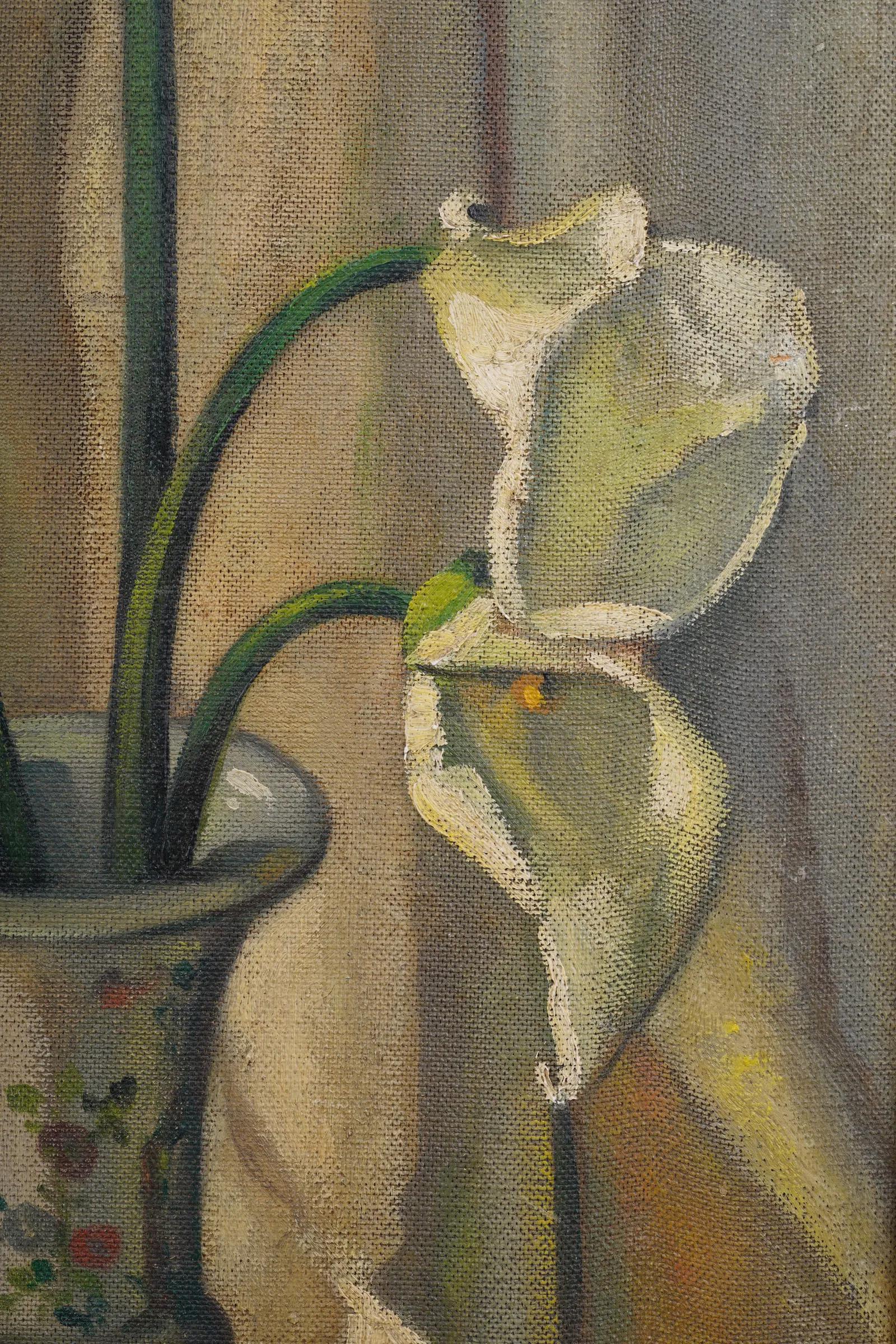 Antiguo cuadro modernista americano enmarcado Gran bodegón de flores de lirio cala - Interior Painting Marrón de Unknown