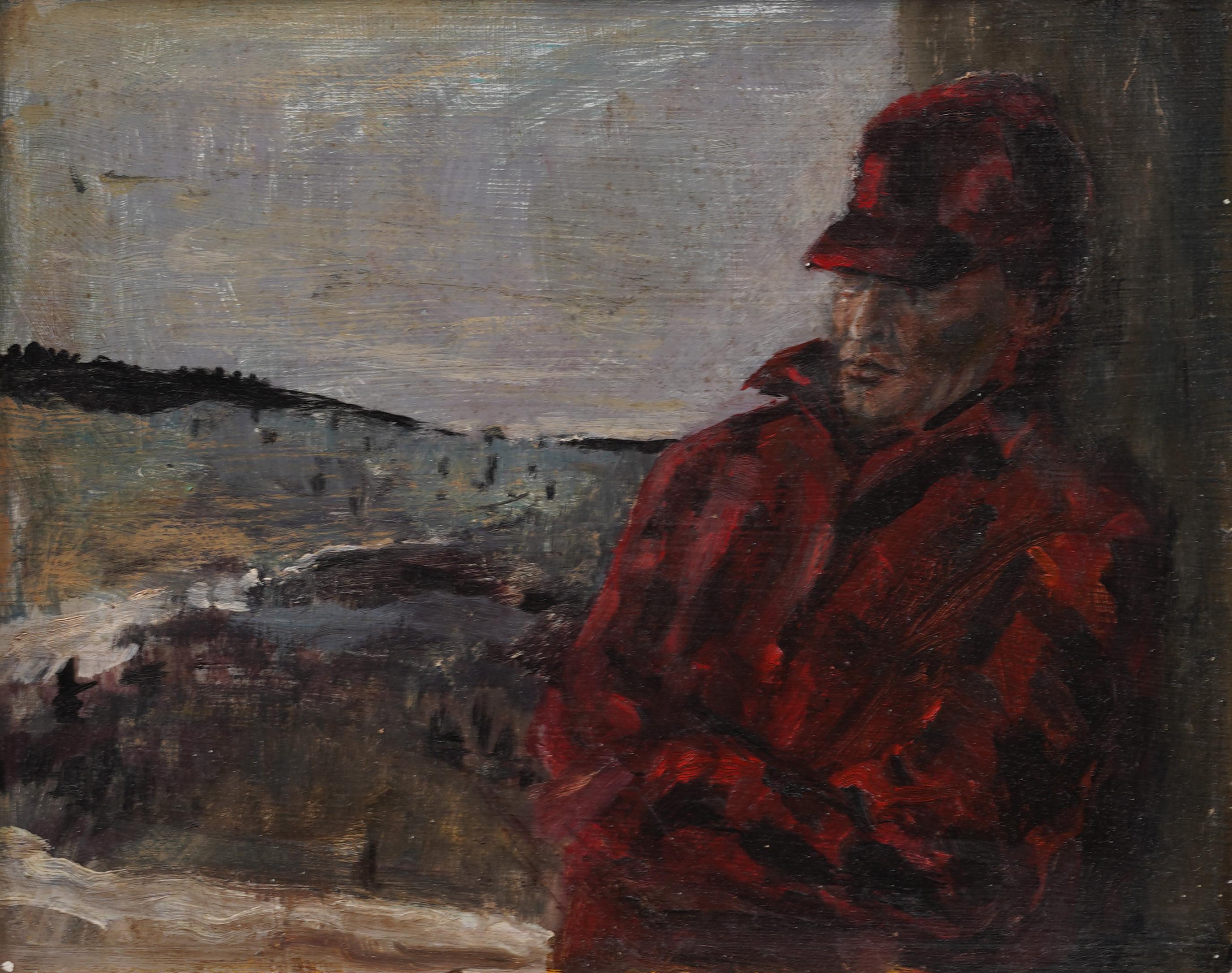 Antiguo cuadro al óleo modernista americano enmarcado Retrato masculino Nueva Inglaterra Franela - Painting Moderno de Unknown