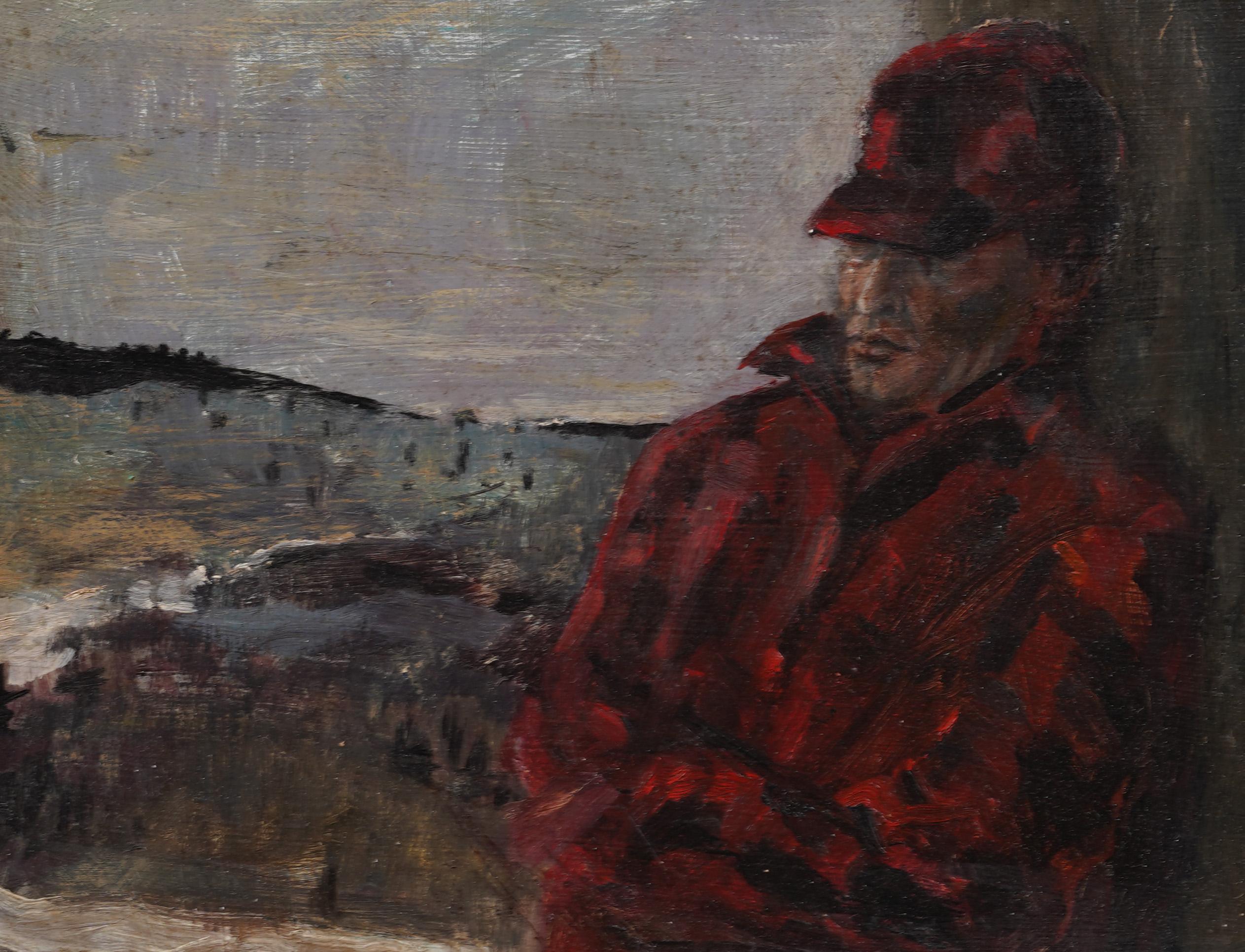 Antiguo cuadro al óleo modernista americano enmarcado Retrato masculino Nueva Inglaterra Franela - Landscape Painting Marrón de Unknown
