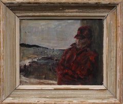 Antico ritratto maschile modernista americano incorniciato New England Flannel Oil Painting
