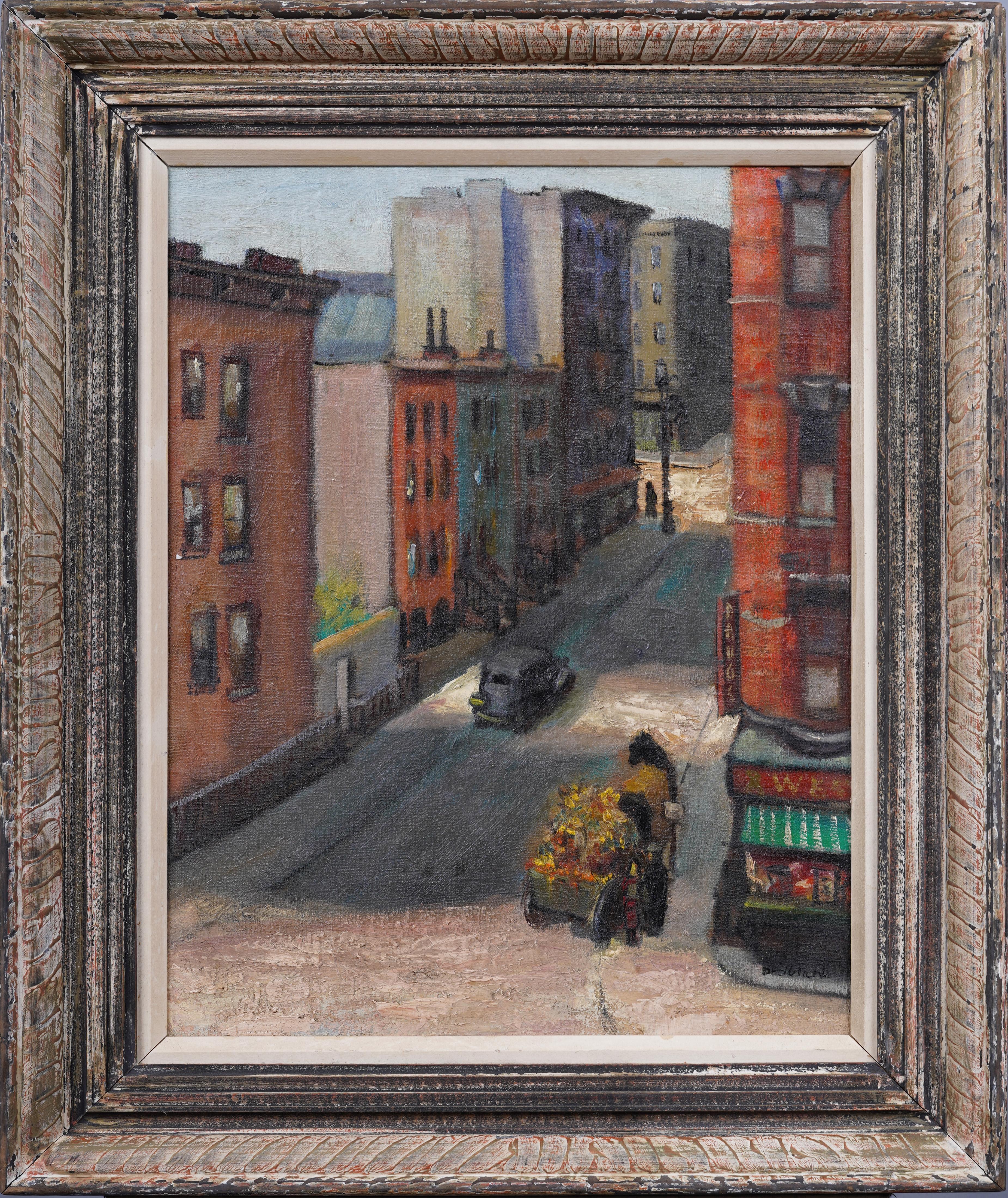 Antiguo cuadro al óleo modernista americano enmarcado con una escena callejera de Nueva York firmada - Painting de Unknown