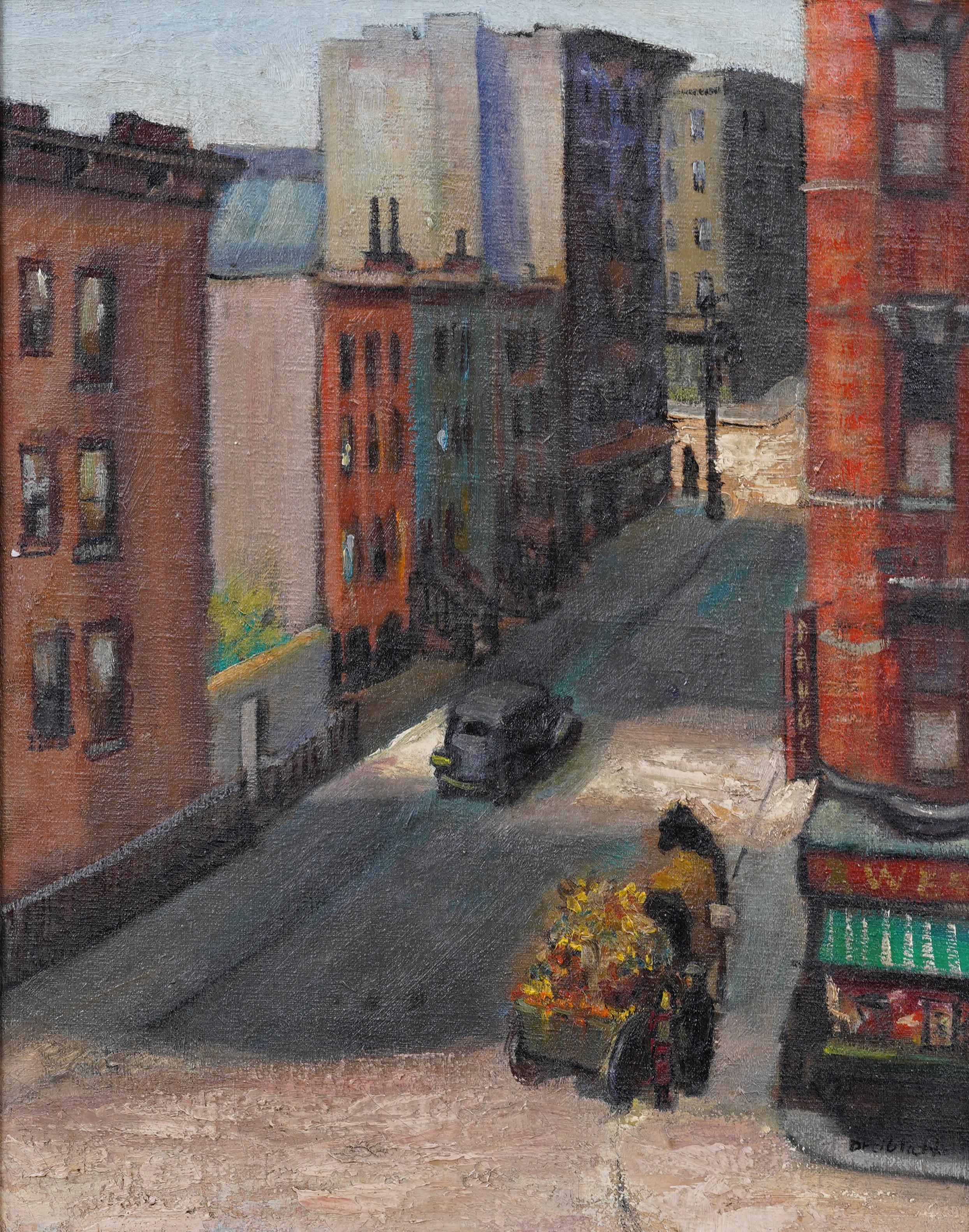 Antiguo cuadro al óleo modernista americano enmarcado con una escena callejera de Nueva York firmada - Painting Moderno de Unknown