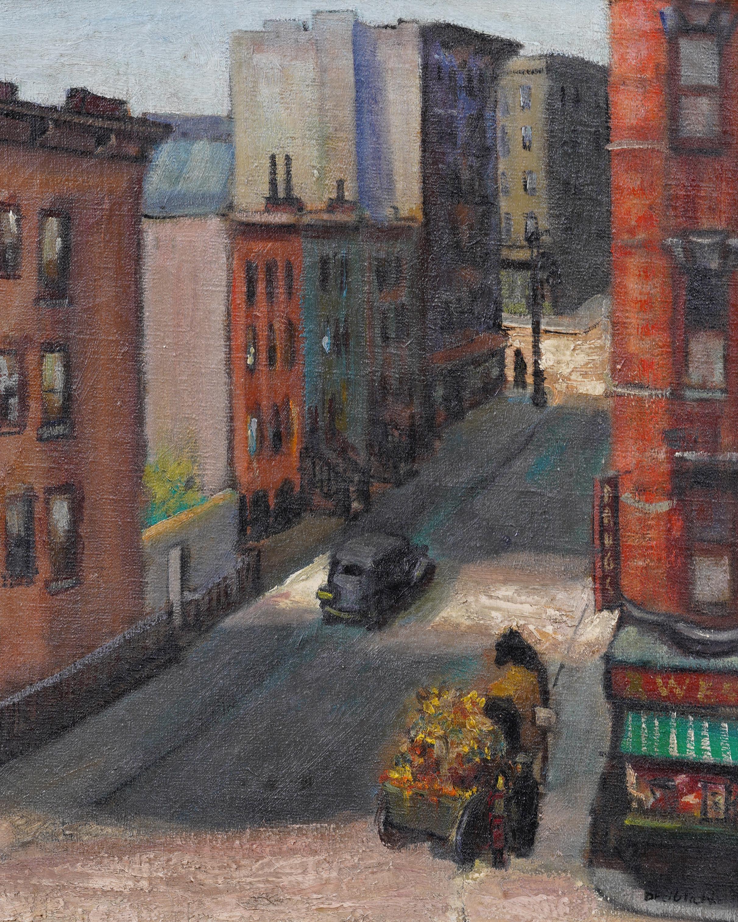 Antiguo cuadro al óleo modernista americano enmarcado con una escena callejera de Nueva York firmada - Abstract Painting Gris de Unknown