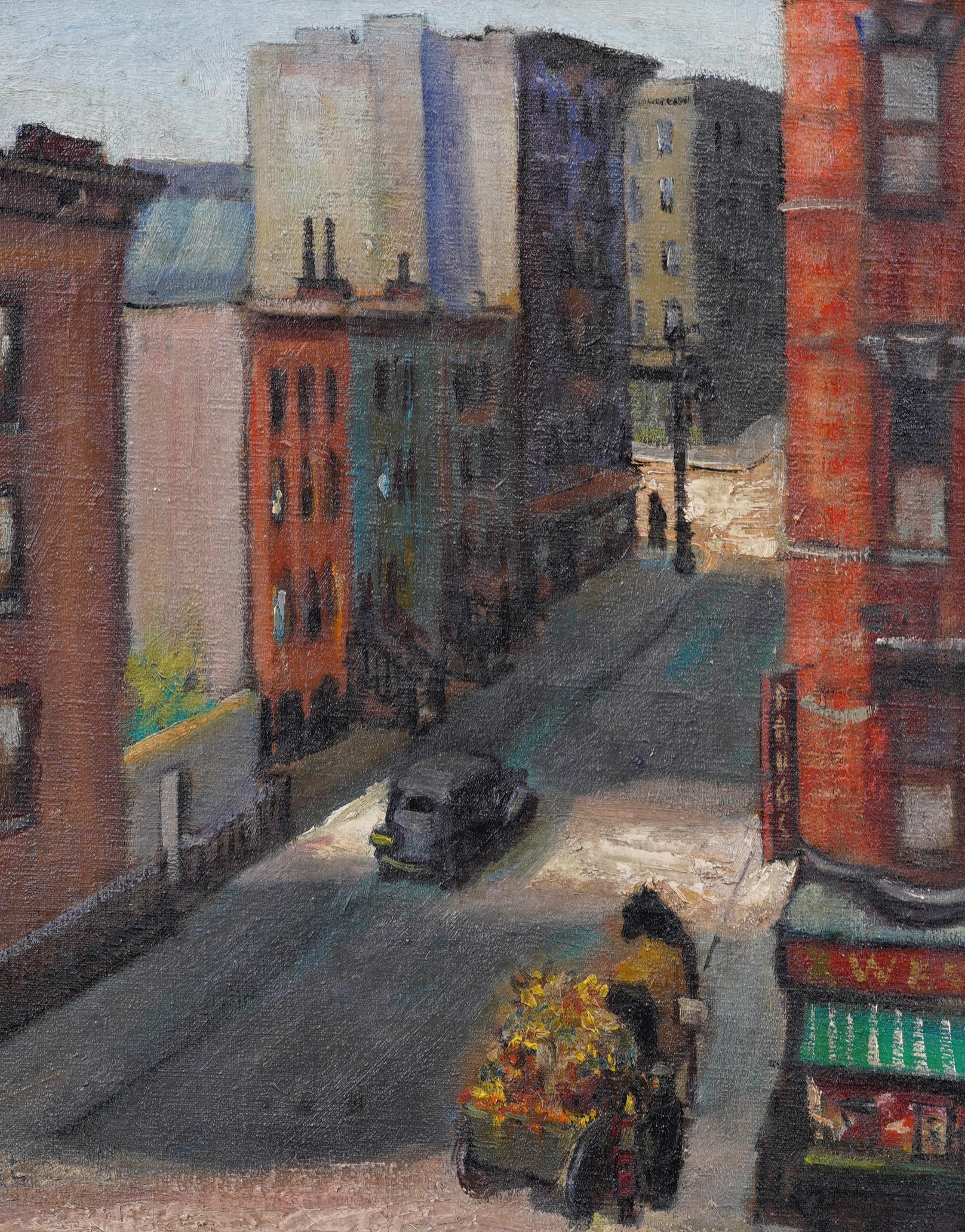 Paisaje urbano modernista americano de principios de siglo, bien enmarcado. Óleo sobre lienzo.  Enmarcado.  Firmado.  Tamaño de la imagen, 16 por 20 pulgadas.  