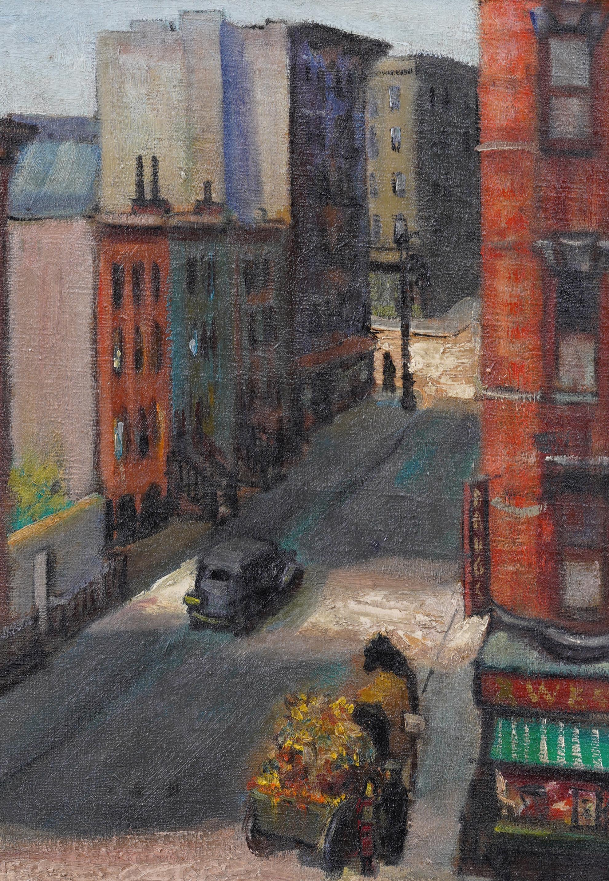 Antiguo cuadro al óleo modernista americano enmarcado con una escena callejera de Nueva York firmada en venta 1