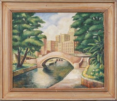 Antique American Modernist Framed WPA Regionalist Cityscape Framed Oil Painting