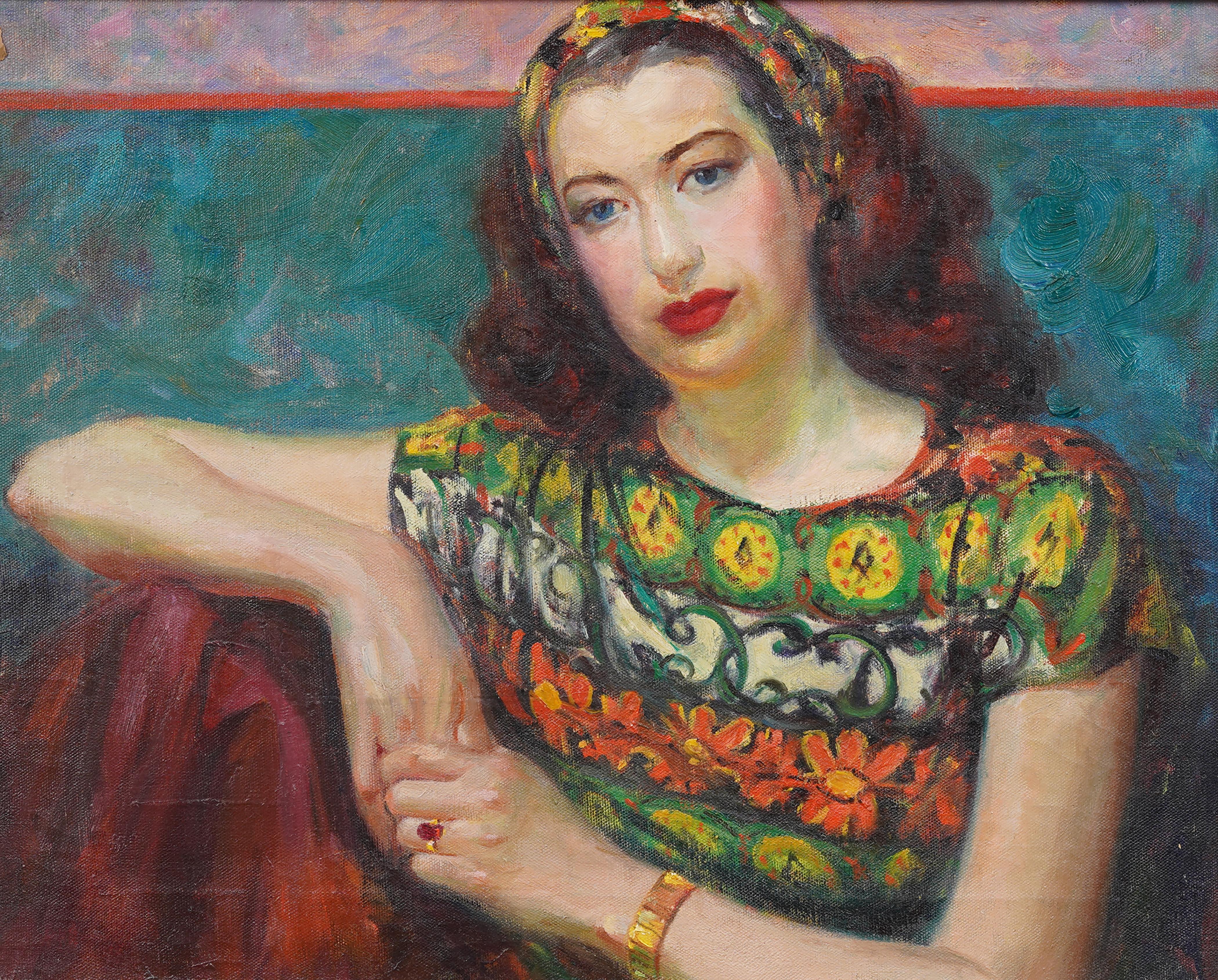 Antique American Modernist Framed Young Woman Portrait Social Realist Painting - Gray Interior Painting by Unknown