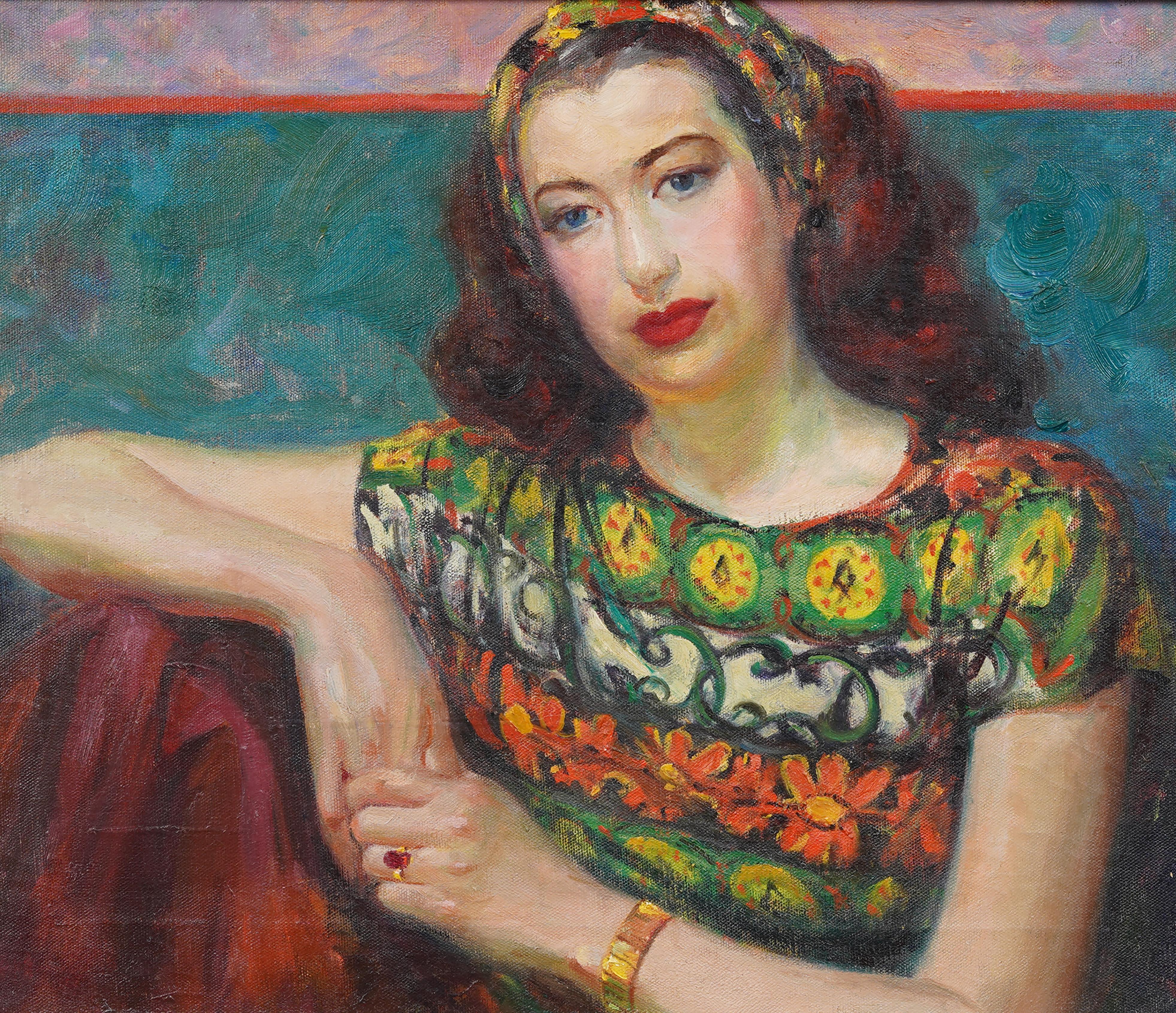 Nicely painted American school modernist portrait.  Oil on canvas.  Framed.  Ready to hang excellent condition. 