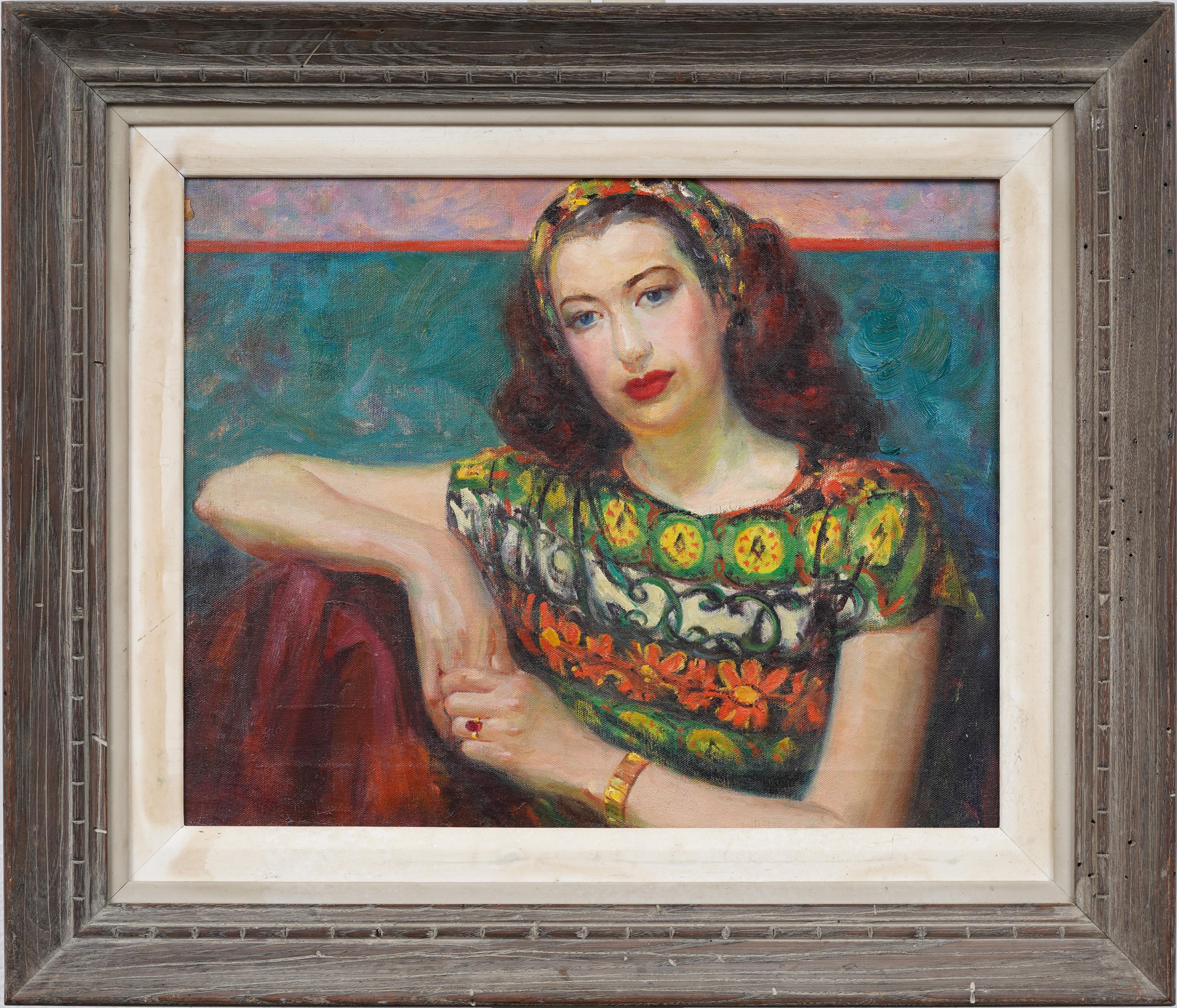 Antique American Modernist Framed Young Woman Portrait Social Realist Painting