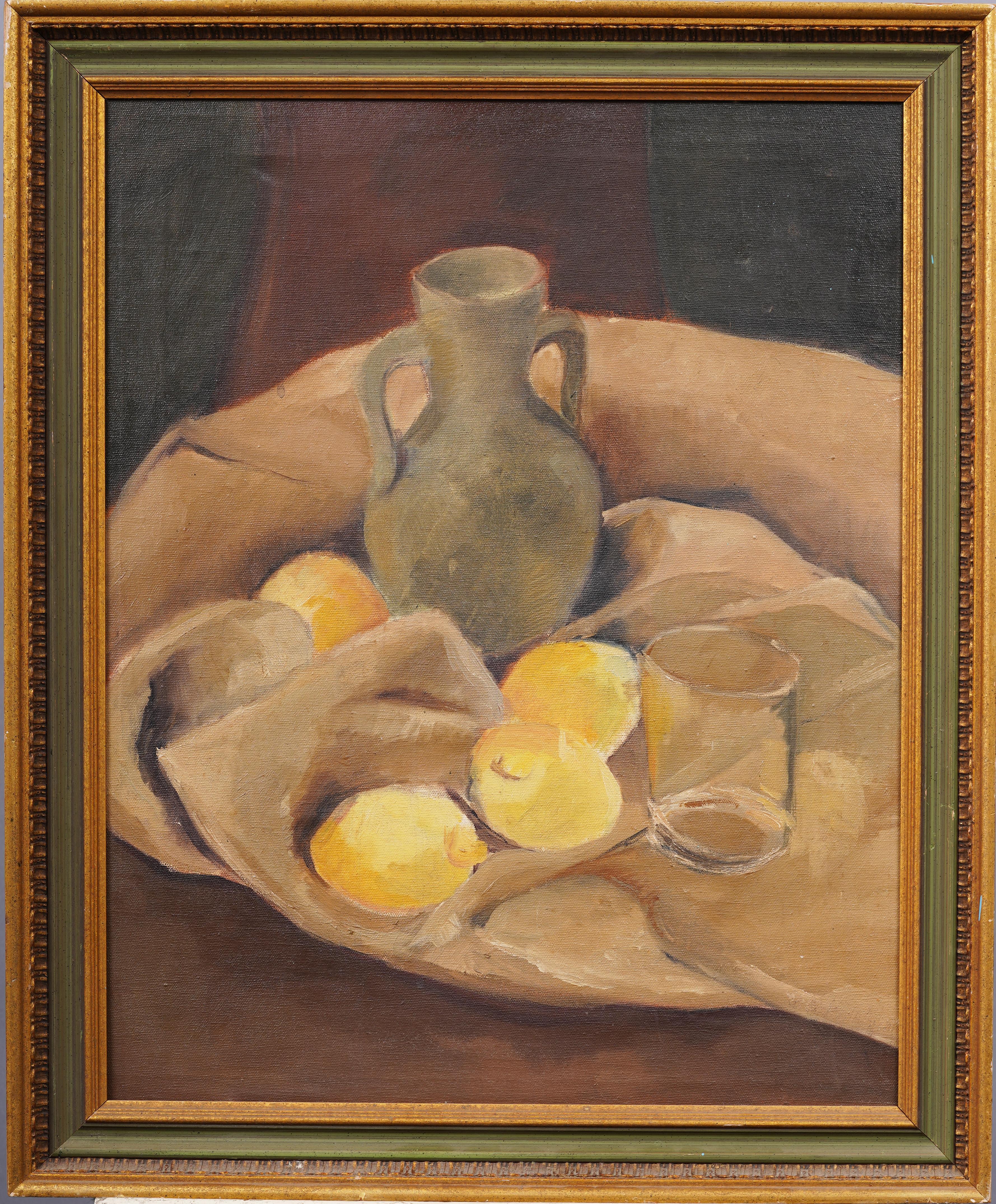 Antique American Modernist Fruit Still Life Framed Cubist Lemons Oil Painting - Brown Still-Life Painting by Unknown