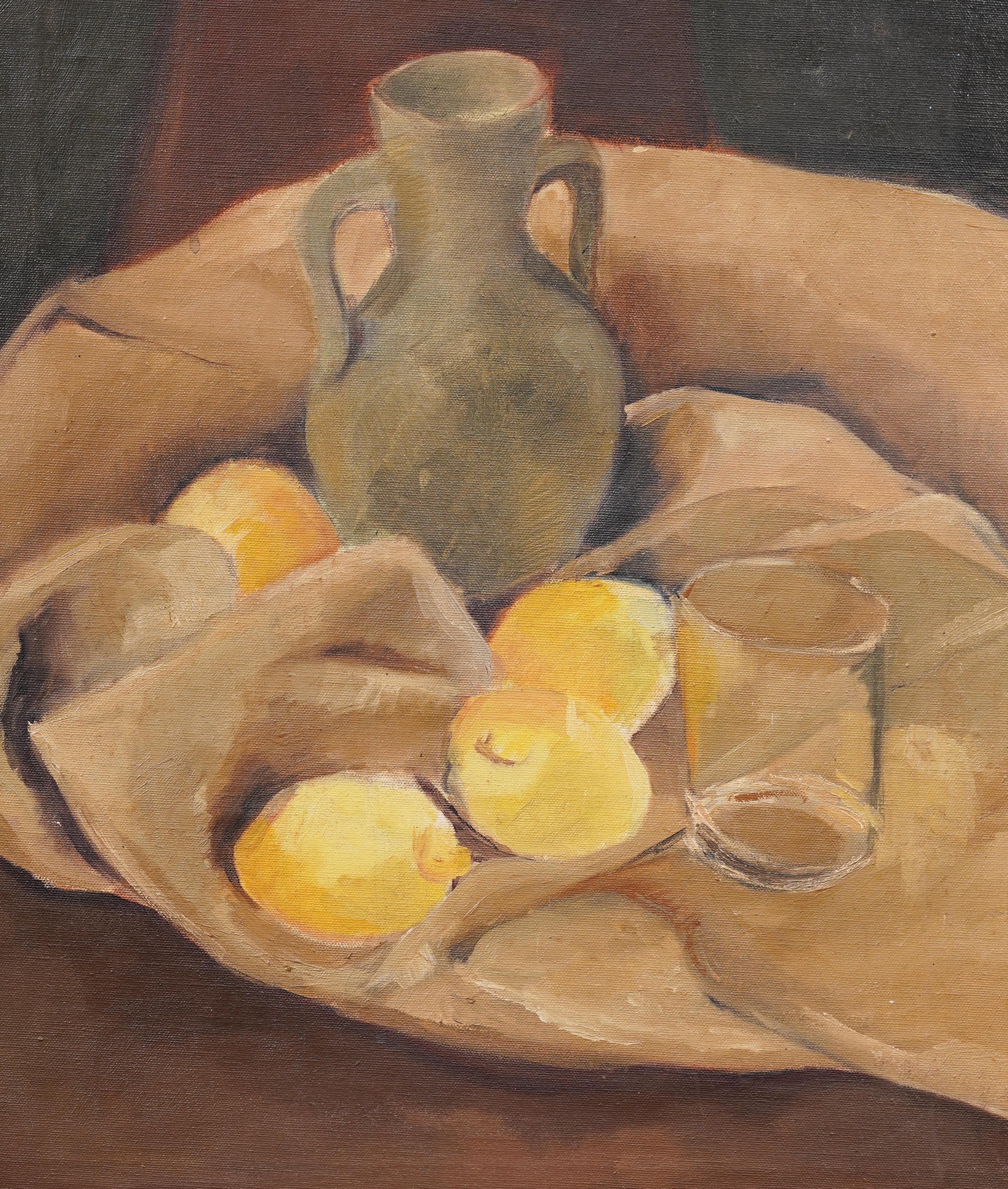Antique American Modernist Fruit Still Life Framed Cubist Lemons Oil Painting 1