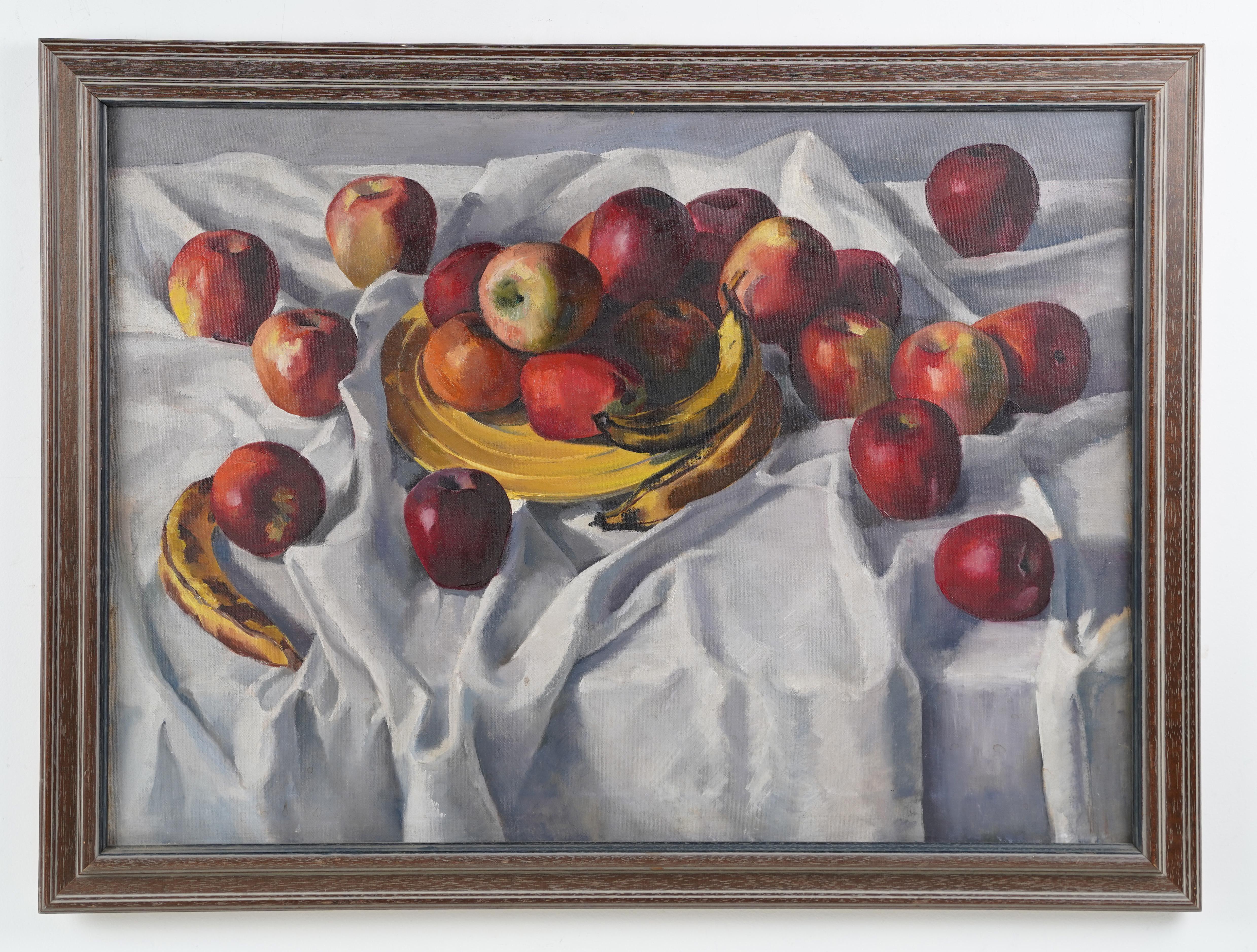 Antique American Modernist Fruit Still Life Kitchen Table Apple Oil Painting - Gray Still-Life Painting by Unknown