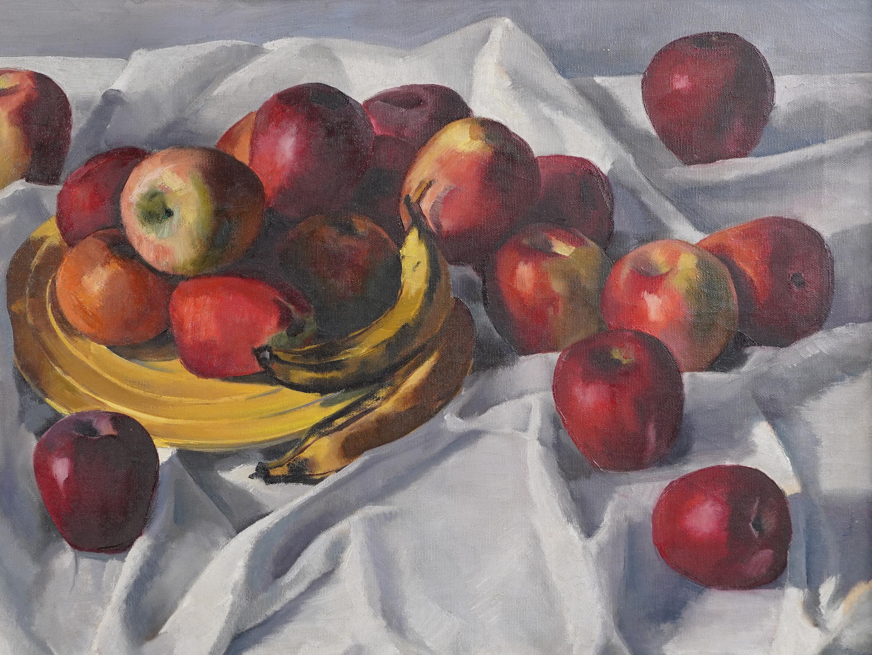 Antique American Modernist Fruit Still Life Kitchen Table Apple Oil Painting For Sale 1