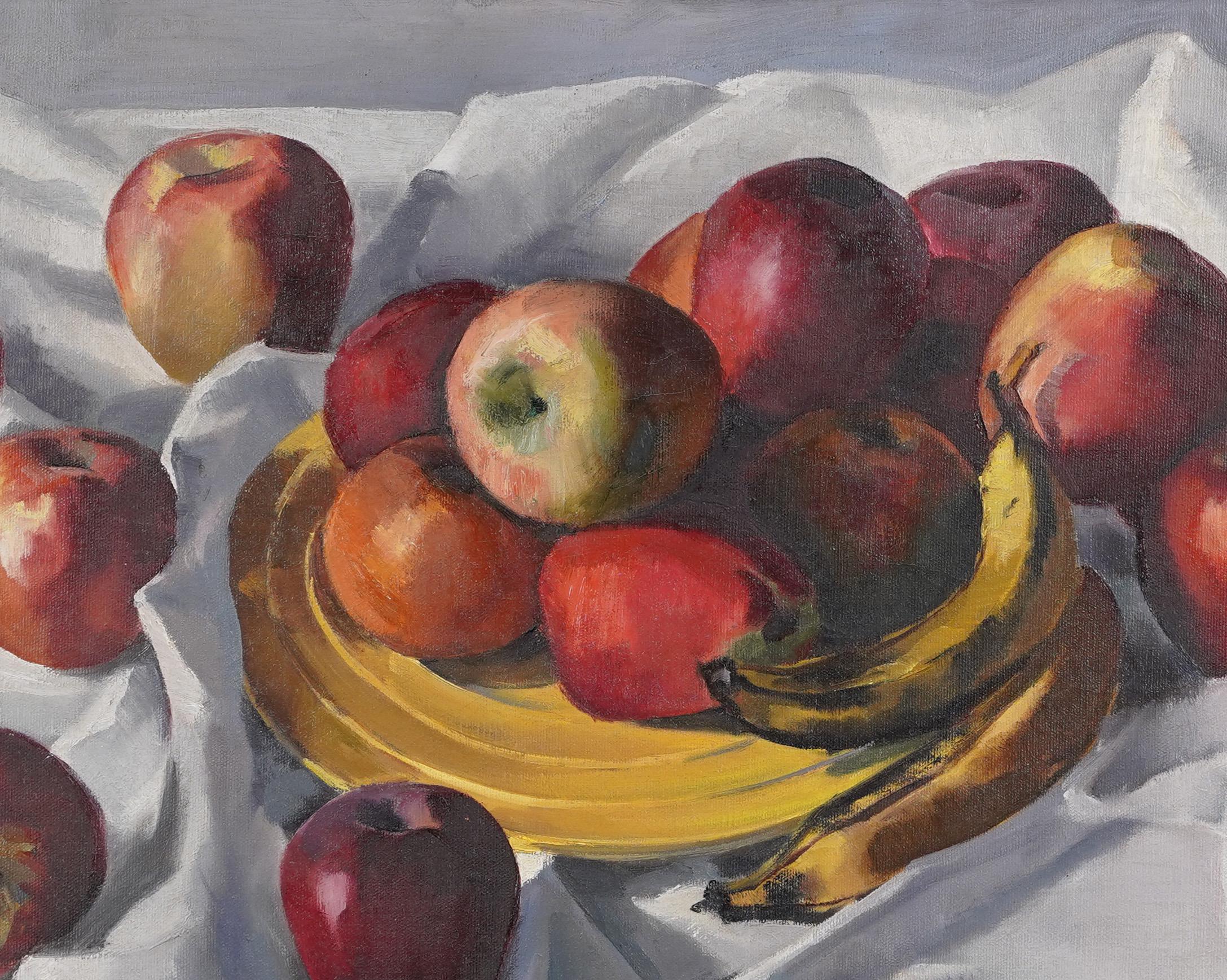 Antique American Modernist Fruit Still Life Kitchen Table Apple Oil Painting For Sale 2